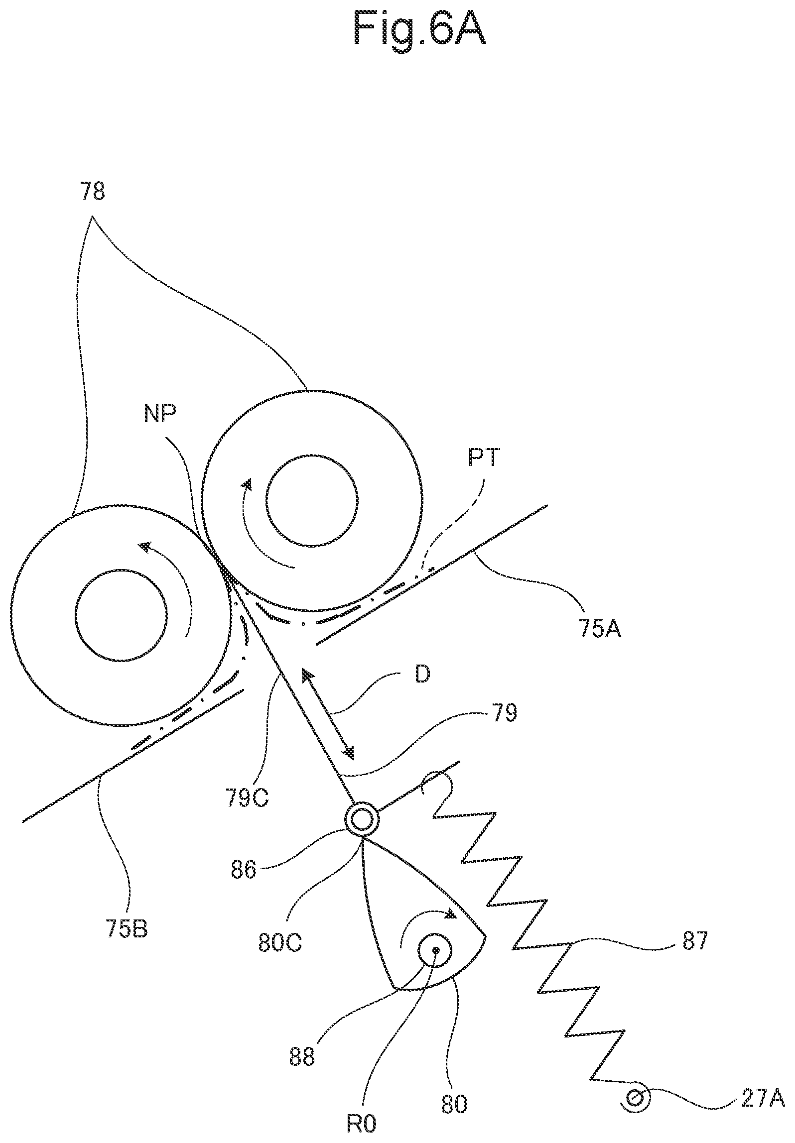 Patent US12098052 Figure 7 – Postprocessing device that matches moving speed of tip portion of folding blade with moving speed of circumferential surface of pair of folding rollers, at predetermined timing
