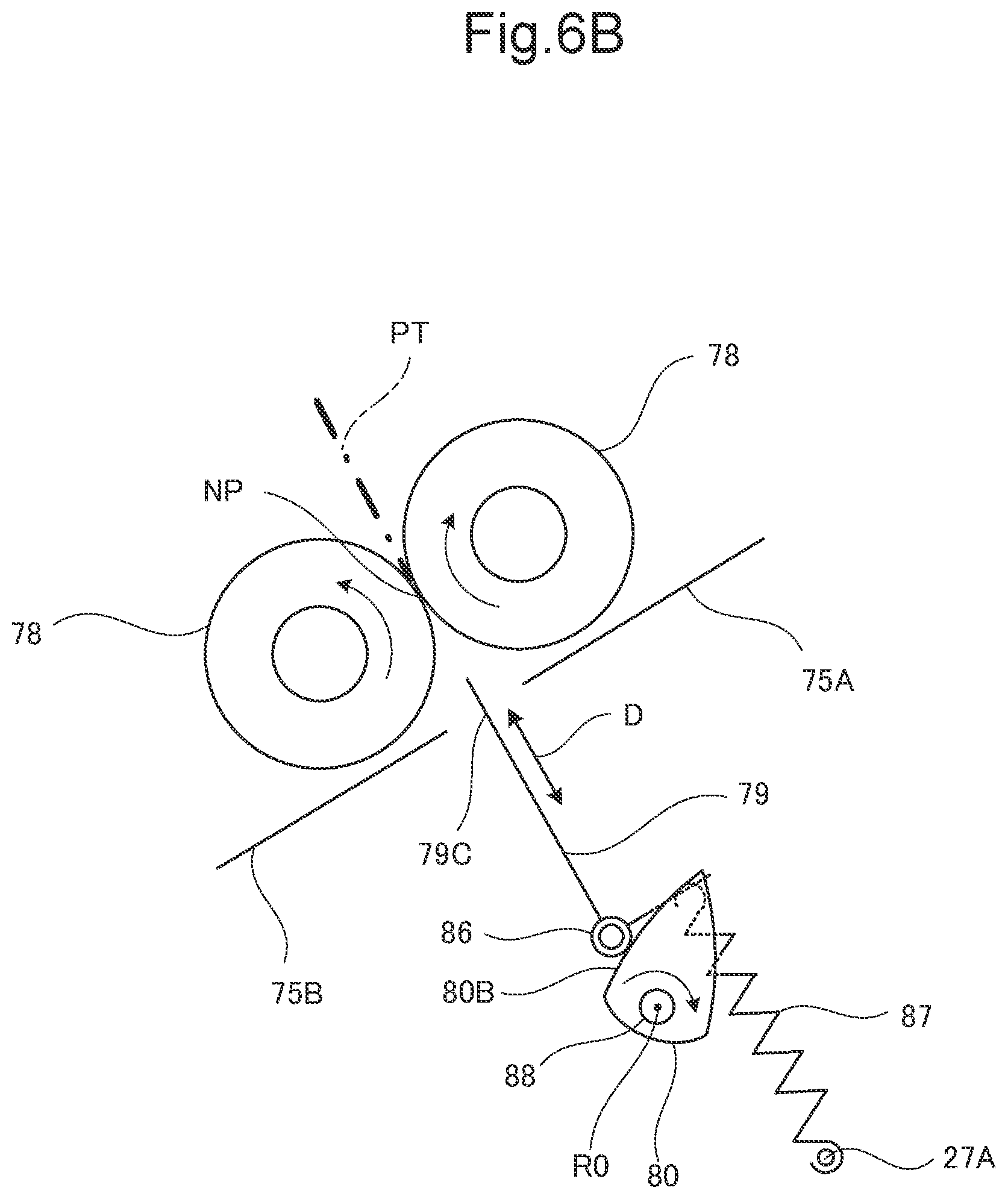 Patent US12098052 Figure 8 – Postprocessing device that matches moving speed of tip portion of folding blade with moving speed of circumferential surface of pair of folding rollers, at predetermined timing
