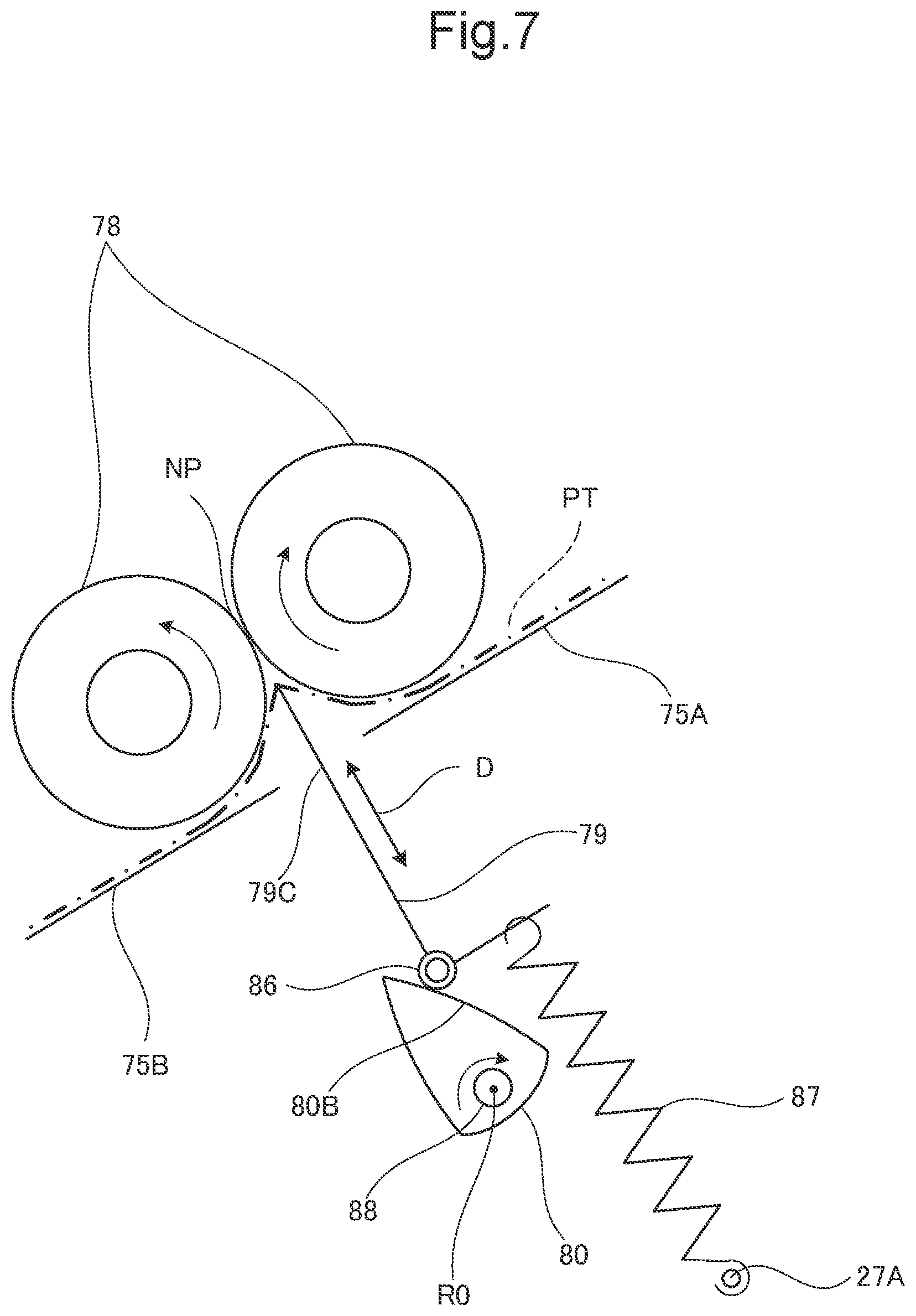 Patent US12098052 Figure 9 – Postprocessing device that matches moving speed of tip portion of folding blade with moving speed of circumferential surface of pair of folding rollers, at predetermined timing