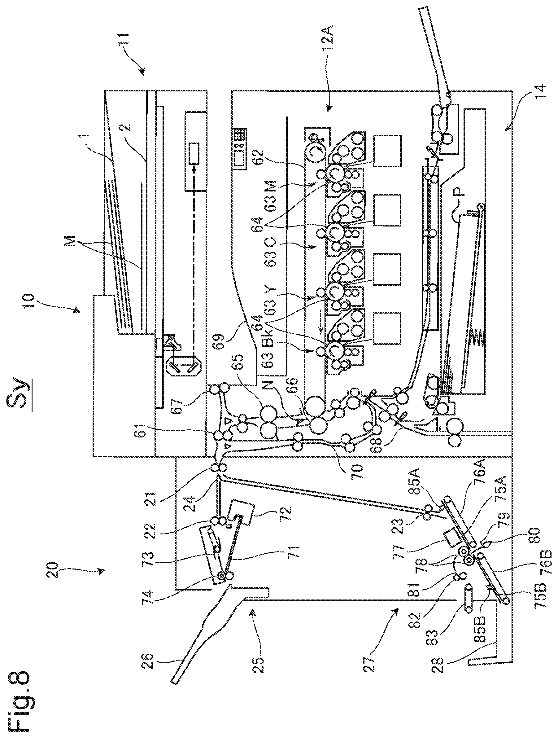 Patent US12098052 Figure 10 – Postprocessing device that matches moving speed of tip portion of folding blade with moving speed of circumferential surface of pair of folding rollers, at predetermined timing