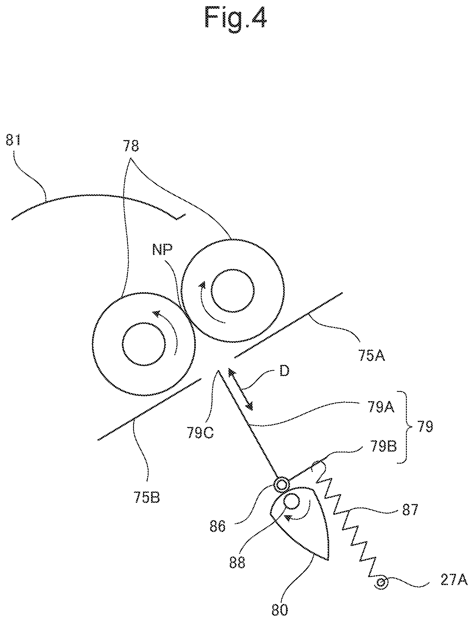 Patent US12098053 Figure 4 – Postprocessing device that controls rotation of pair of folding rollers according to status of sheet