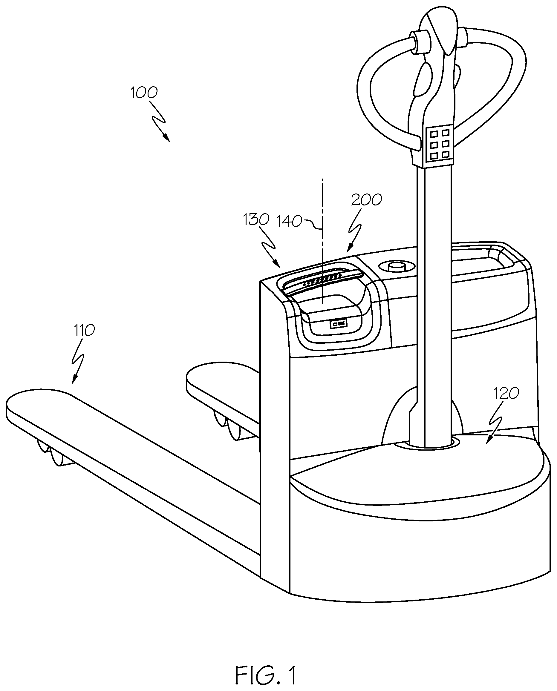 Patent US12098064 — Battery guide blocks for a battery receiving space of a materials handling vehicle, and materials handling vehicles incorporating the same — Figure 1