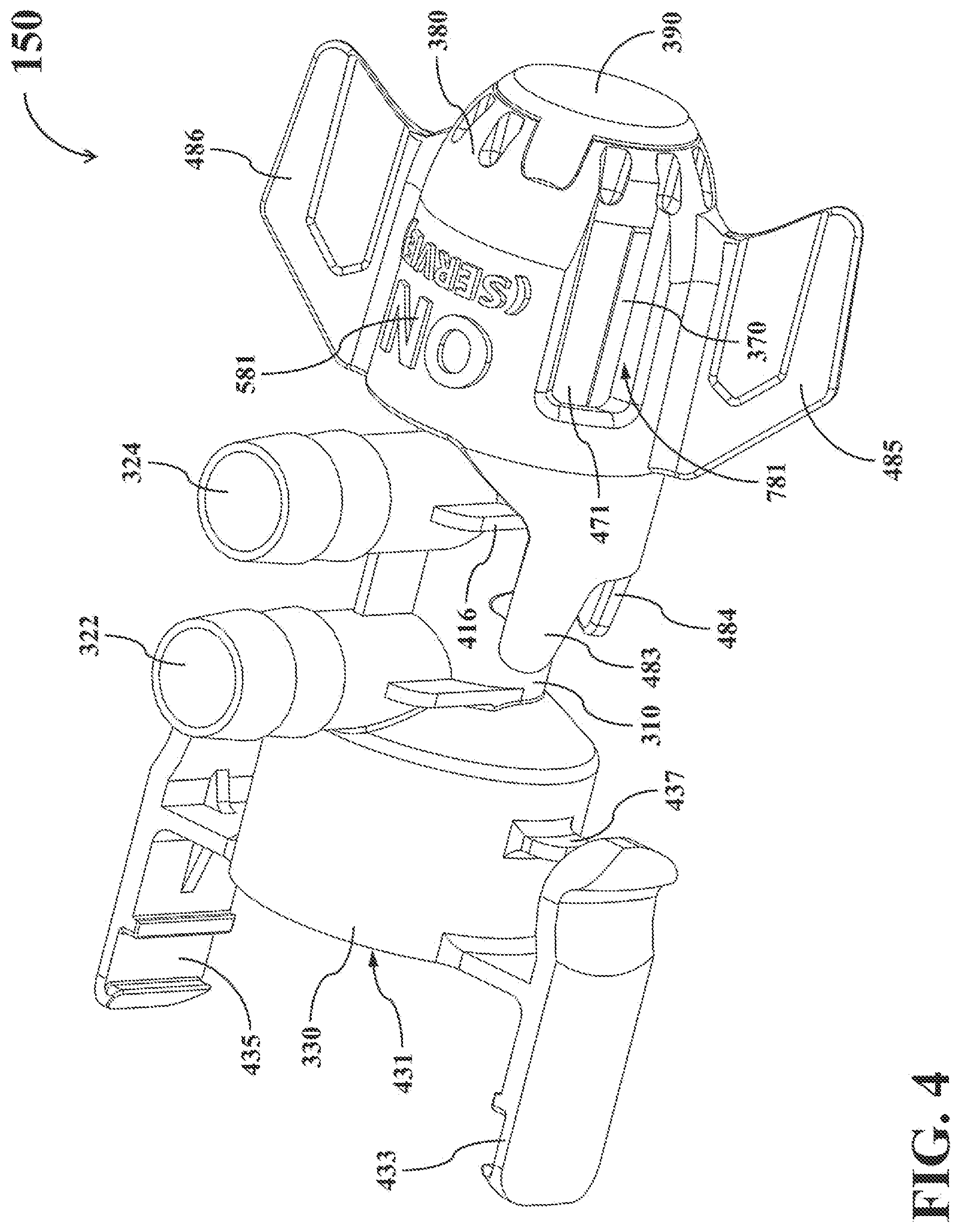 Patent US12098066 Figure 4 – Dual-mode fluid connector having bended plate and rotatable element