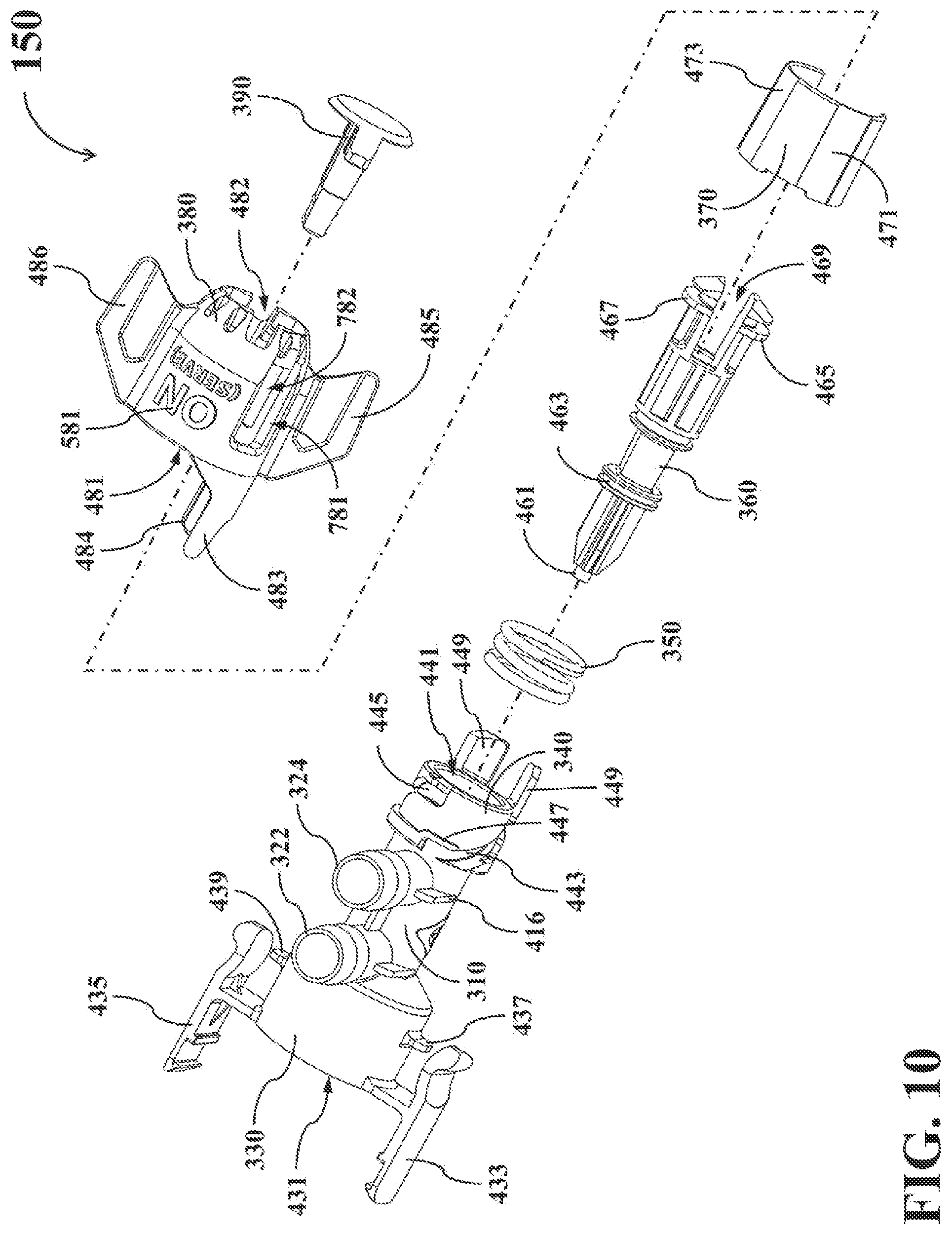 Patent US12098066 Figure 10 – Dual-mode fluid connector having bended plate and rotatable element