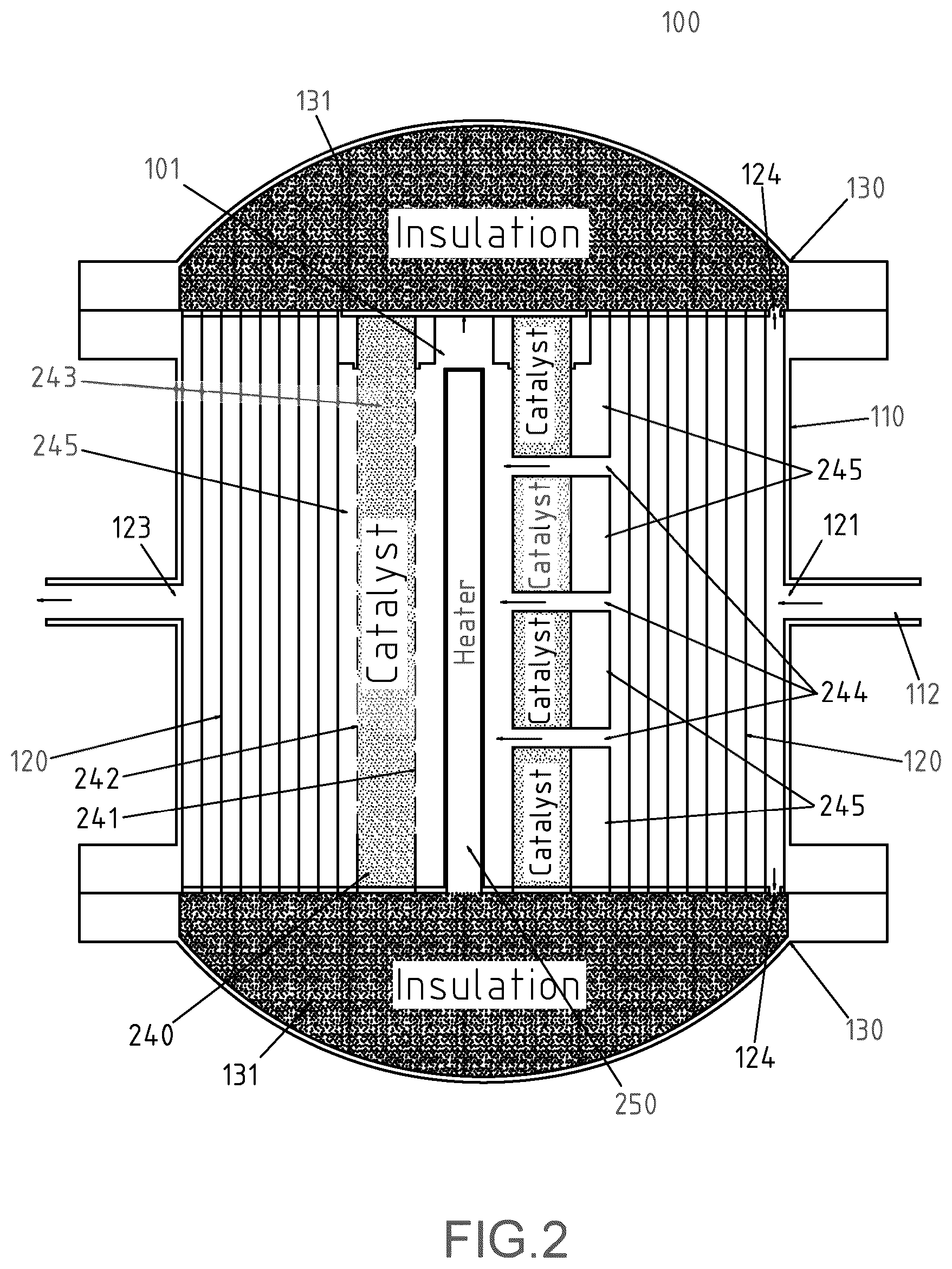 Patent US12098079 Figure 3 – Chemical reactor with integrated heat exchanger, heater, and high conductance catalyst holder