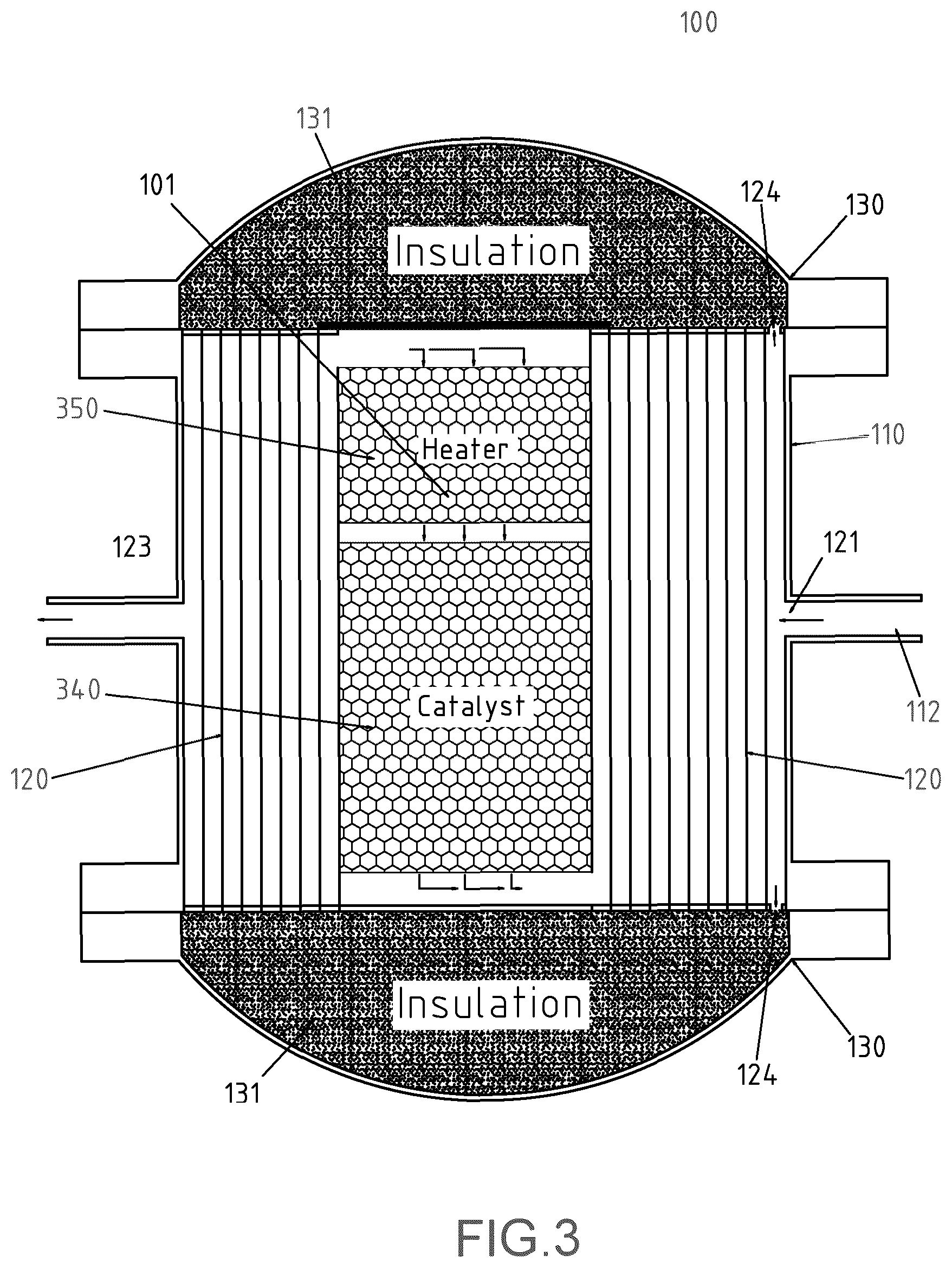 Patent US12098079 Figure 4 – Chemical reactor with integrated heat exchanger, heater, and high conductance catalyst holder