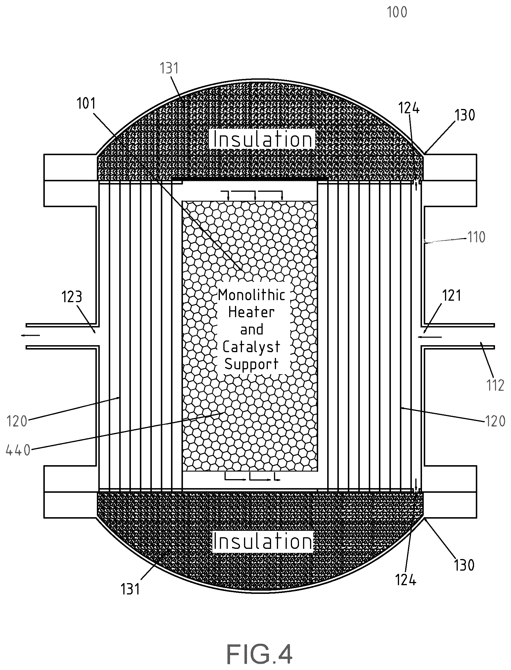 Patent US12098079 Figure 5 – Chemical reactor with integrated heat exchanger, heater, and high conductance catalyst holder