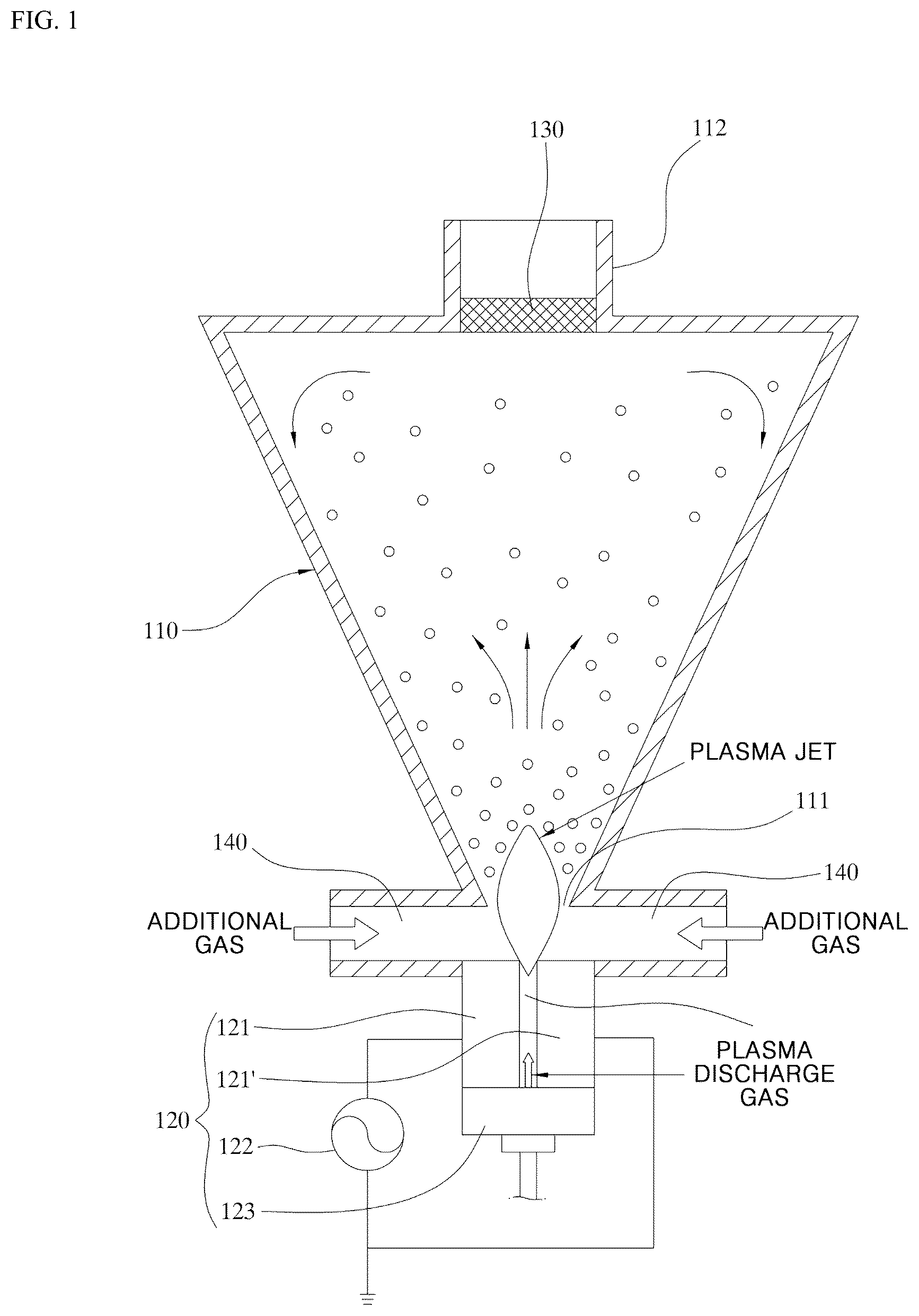 Patent US12098461 Figure 1 – Plasma surface treatment apparatus for conductive powder