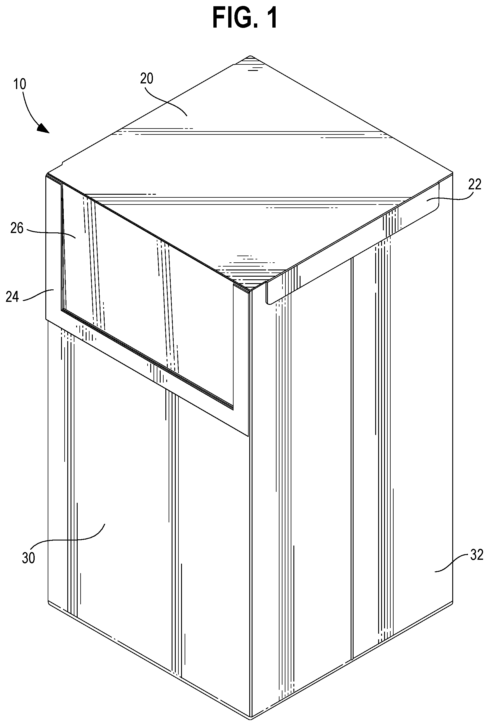 Patent US12098498 Figure 1 – Collapsible hamper with swinging lid