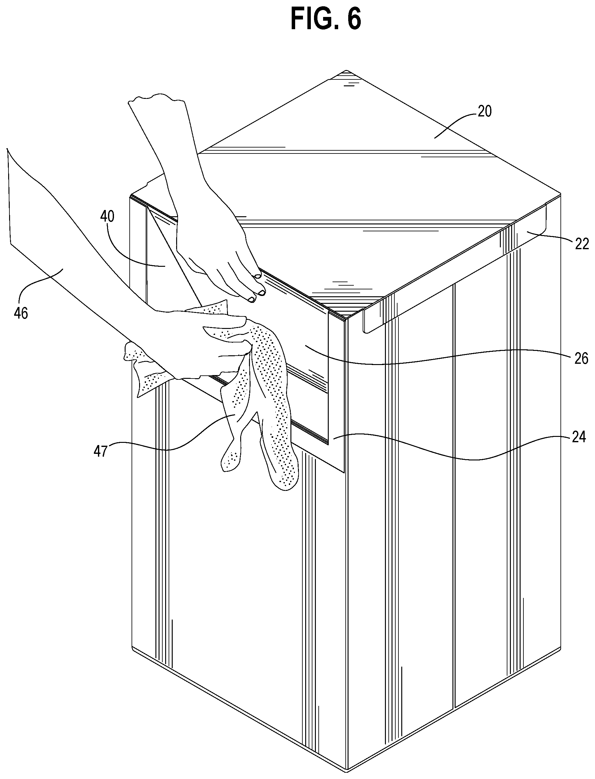 Patent US12098498 Figure 5 – Collapsible hamper with swinging lid