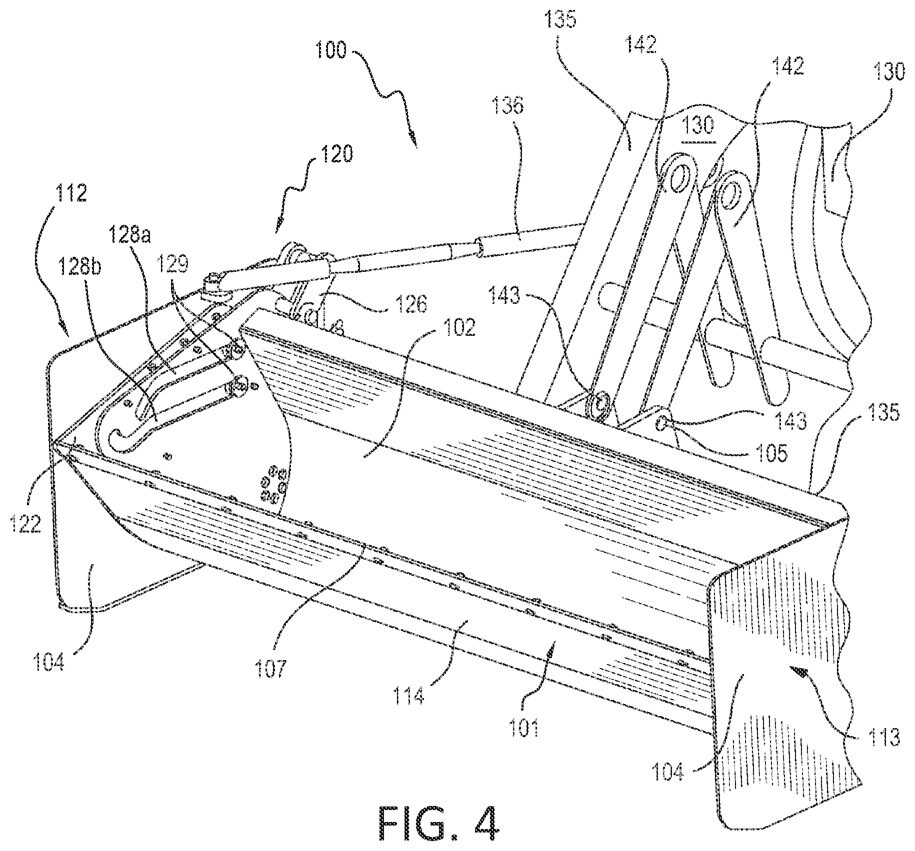 Patent US12098513 Figure 4 – Material handling bucket apparatus and method for handling application material with a loader