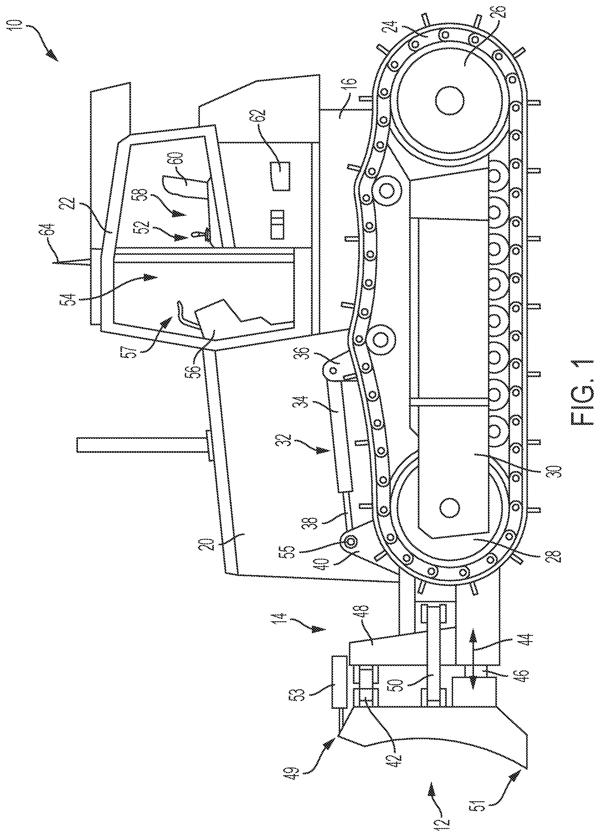 Patent US12098517 Figure 1 – Work machine with automatic pitch control of implement