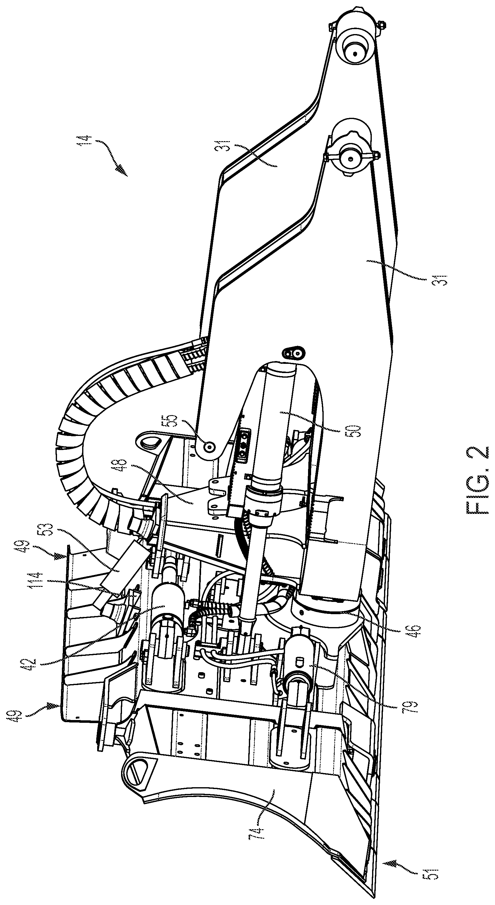 Patent US12098517 Figure 2 – Work machine with automatic pitch control of implement