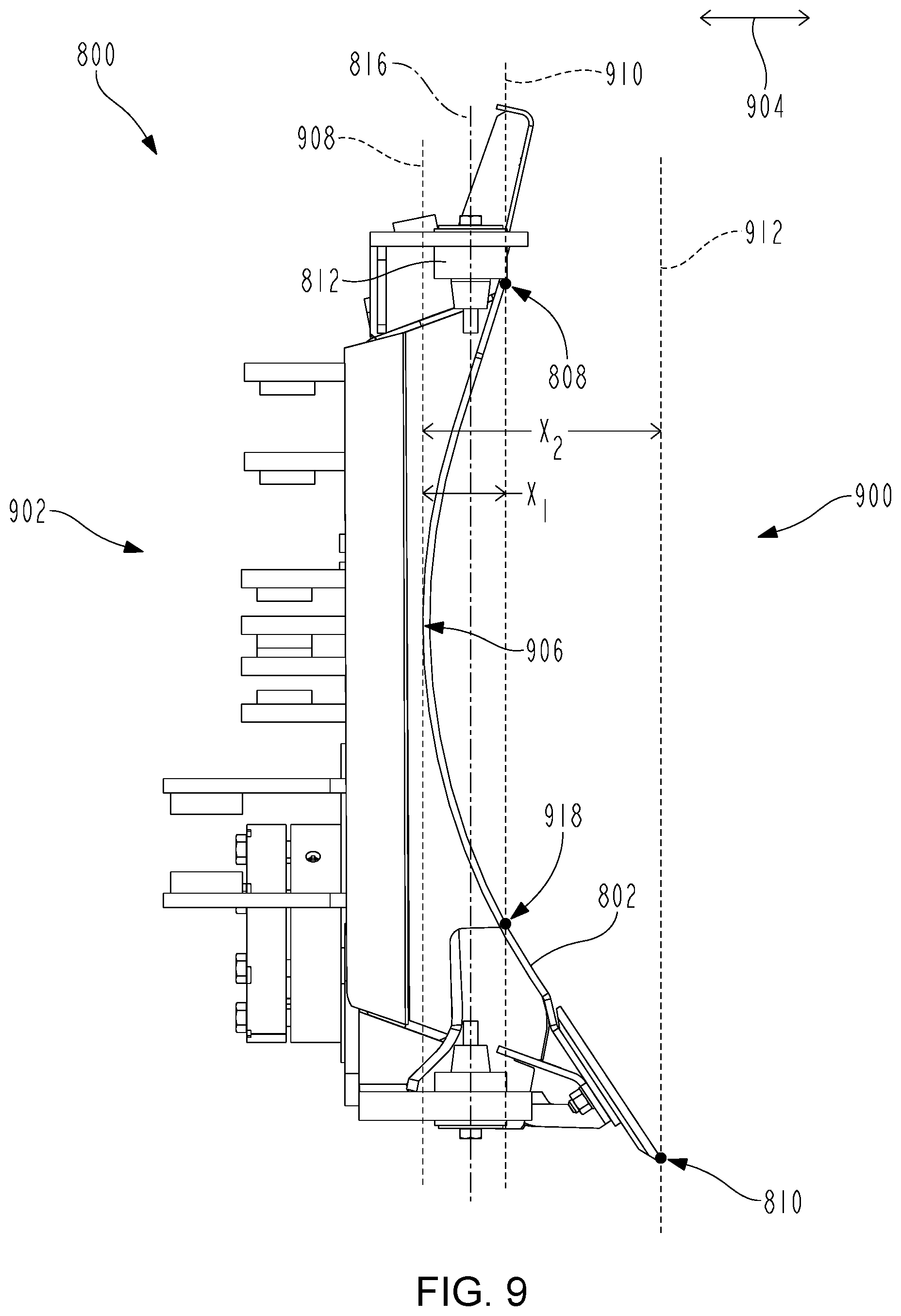 Patent US12098517 Figure 9 – Work machine with automatic pitch control of implement