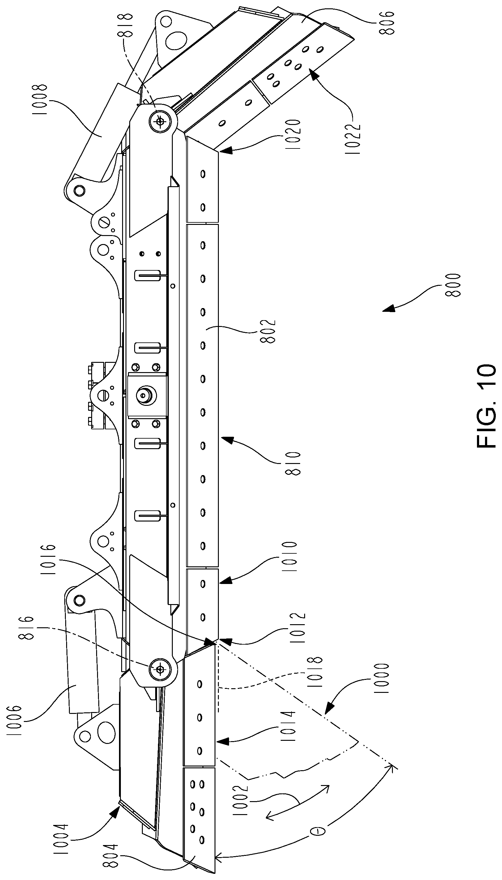 Patent US12098517 Figure 10 – Work machine with automatic pitch control of implement