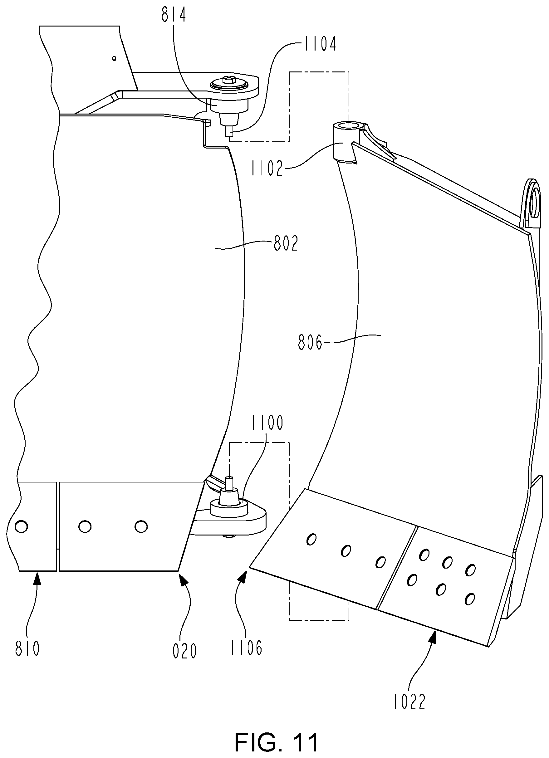 Patent US12098517 Figure 11 – Work machine with automatic pitch control of implement