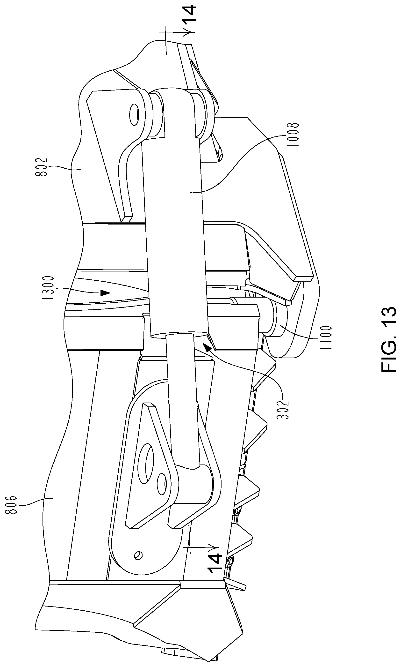 Patent US12098517 Figure 13 – Work machine with automatic pitch control of implement