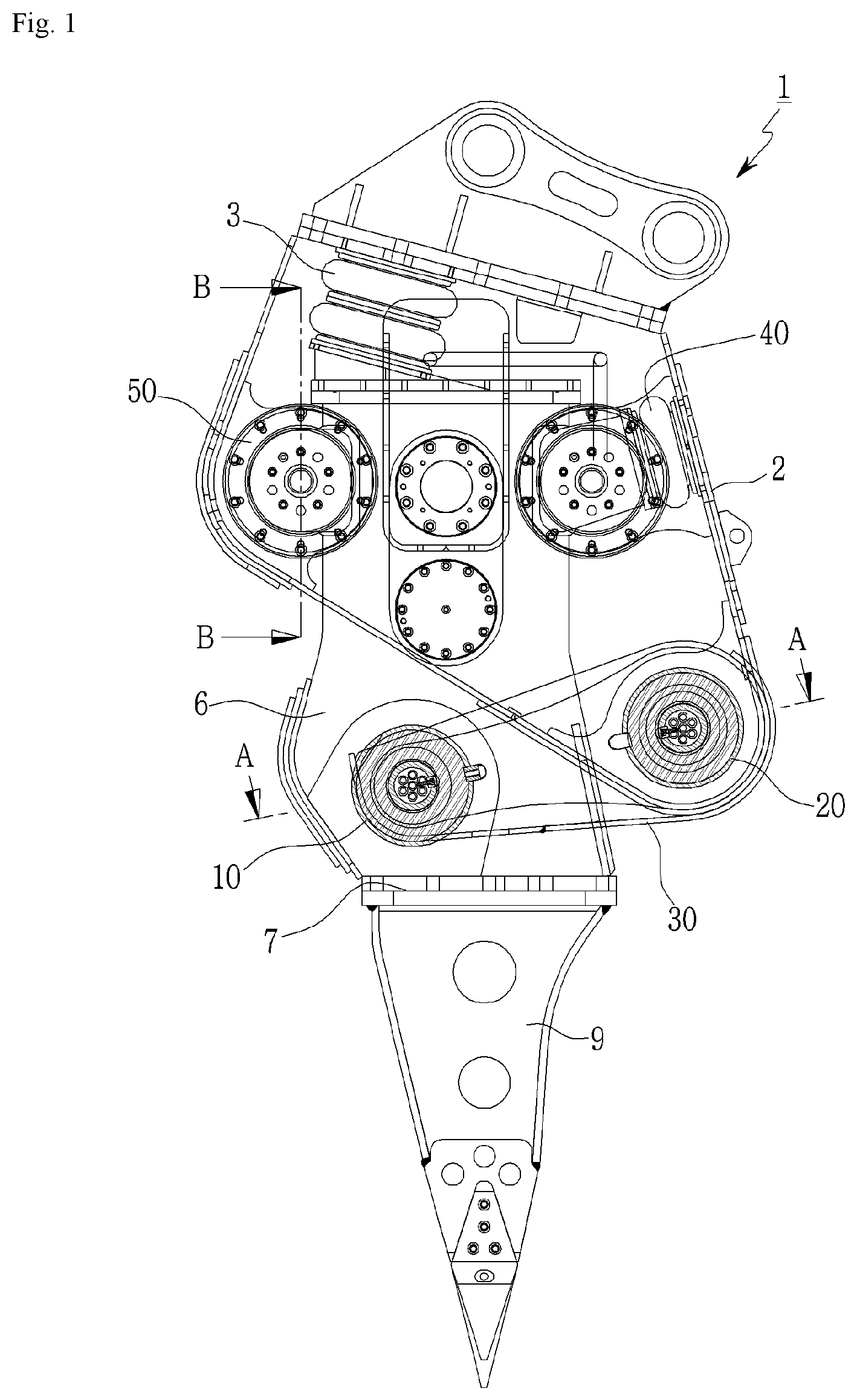 Patent US12098518 Figure 1 – Vibration ripper having link structure with improved vibration isolating function