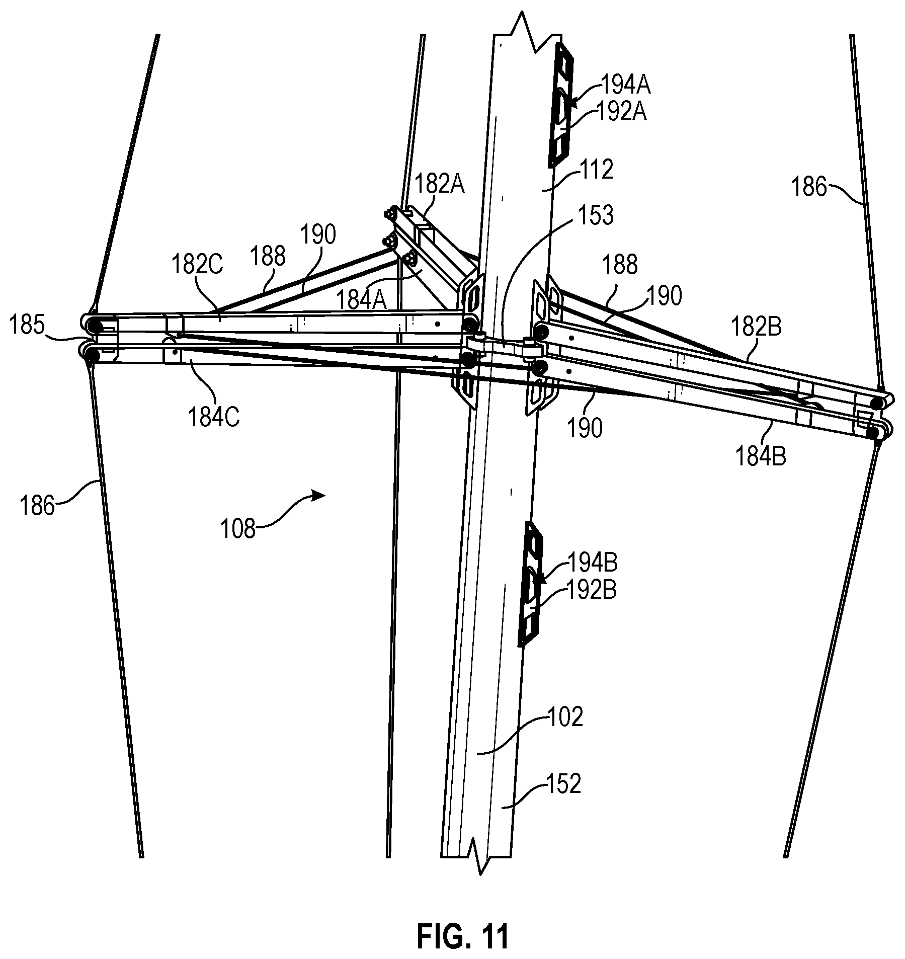 Patent US12098561 Figure 11 – Temporary brace system for a structure