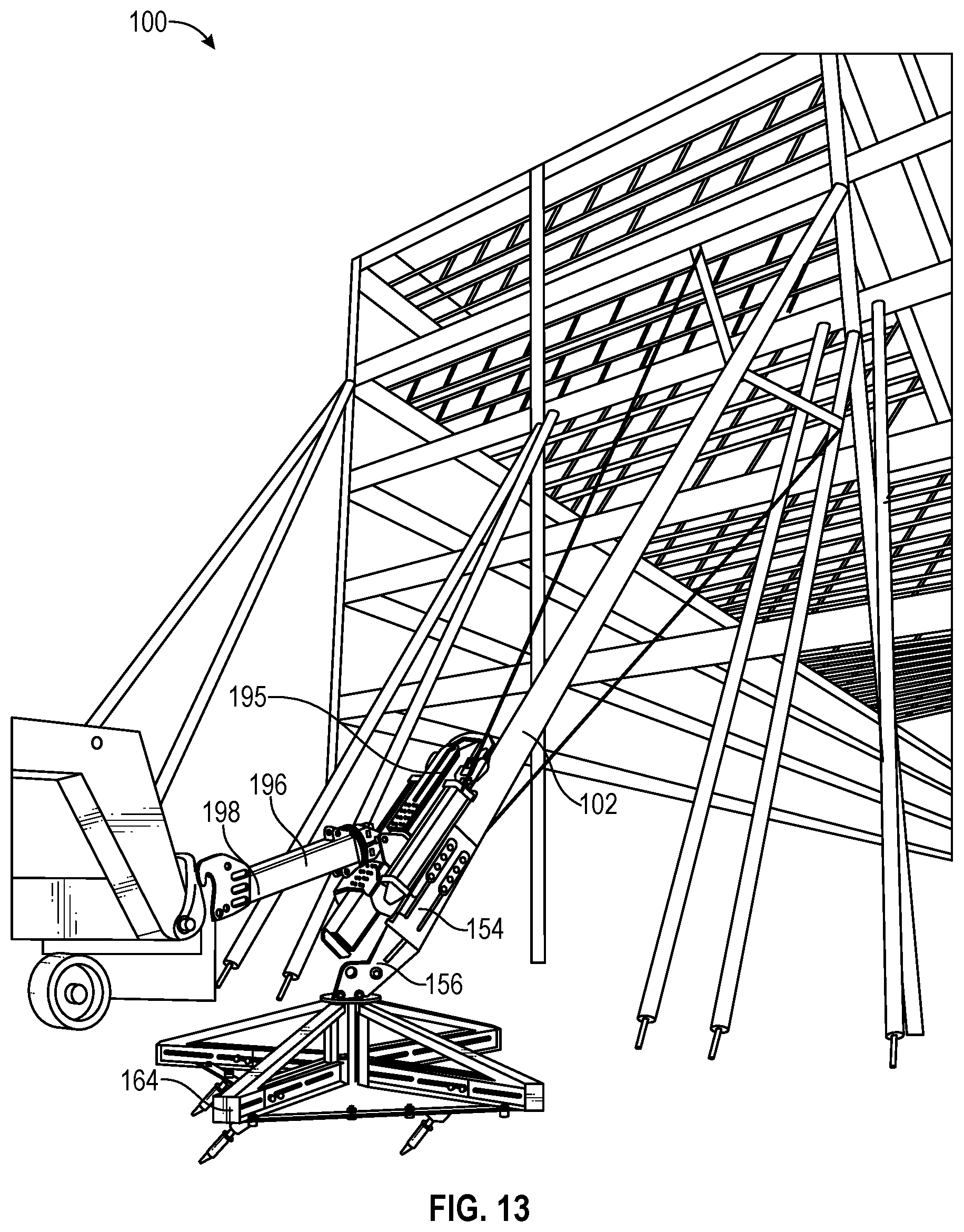 Patent US12098561 Figure 13 – Temporary brace system for a structure