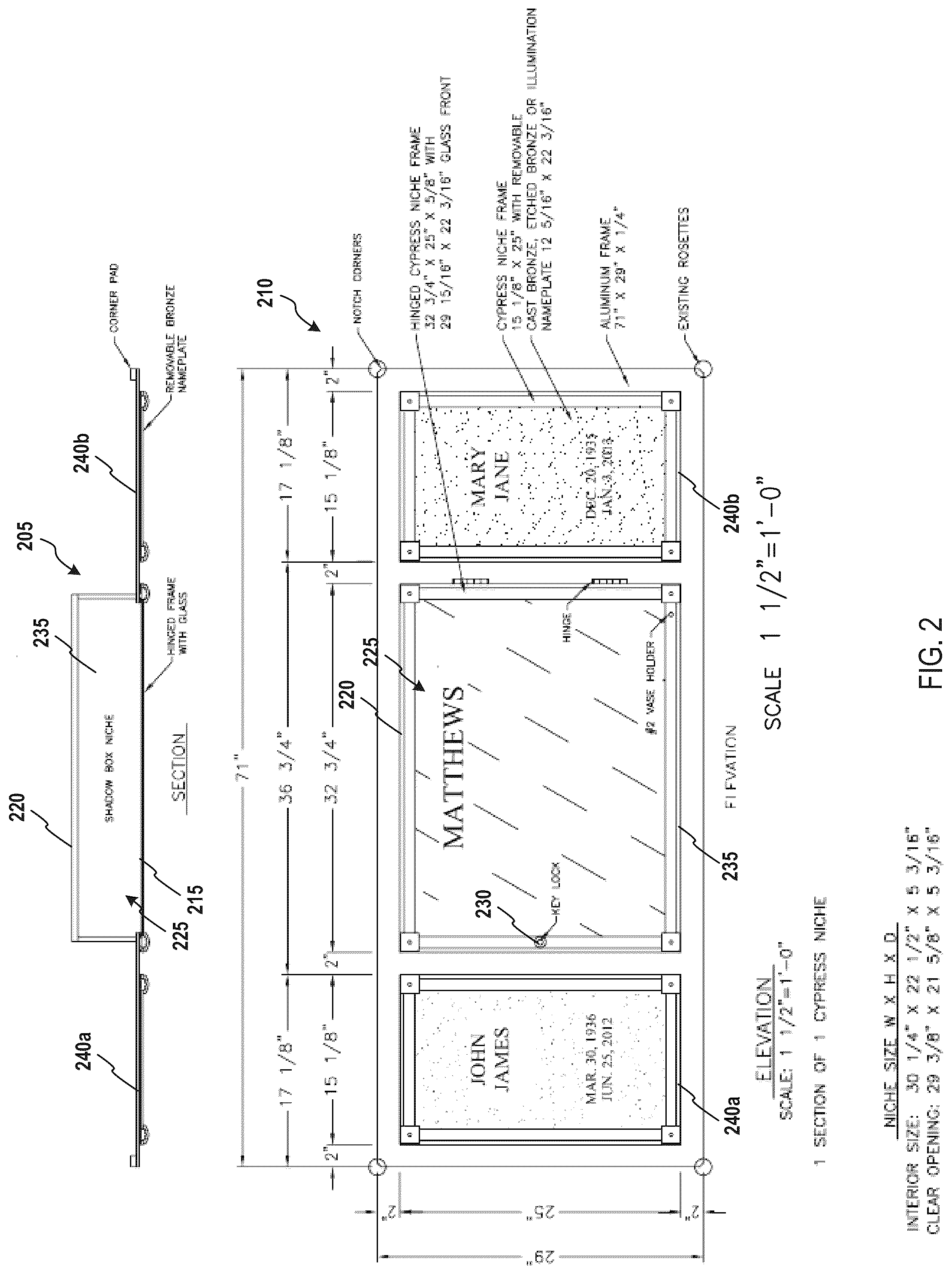 Patent US12098564 Figure 2 – Patron-accessible memorialization structures