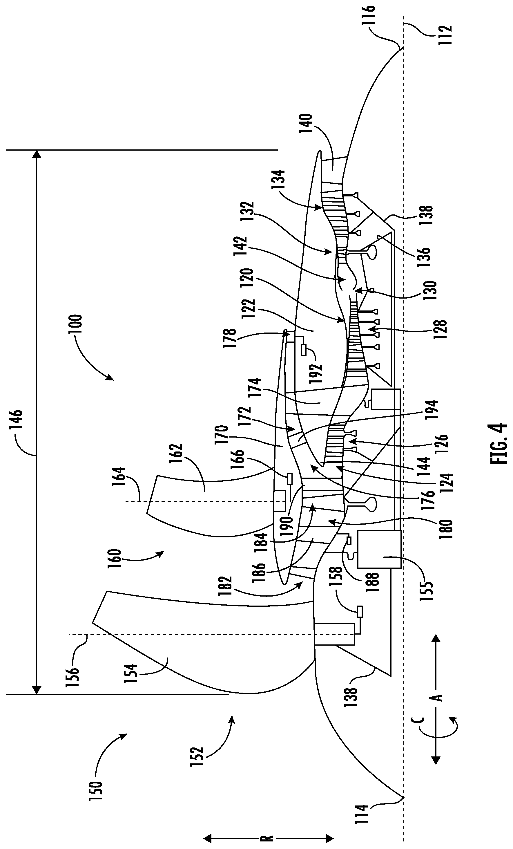 Patent US12098649 Figure 4 – Gas turbine engine accessory packaging