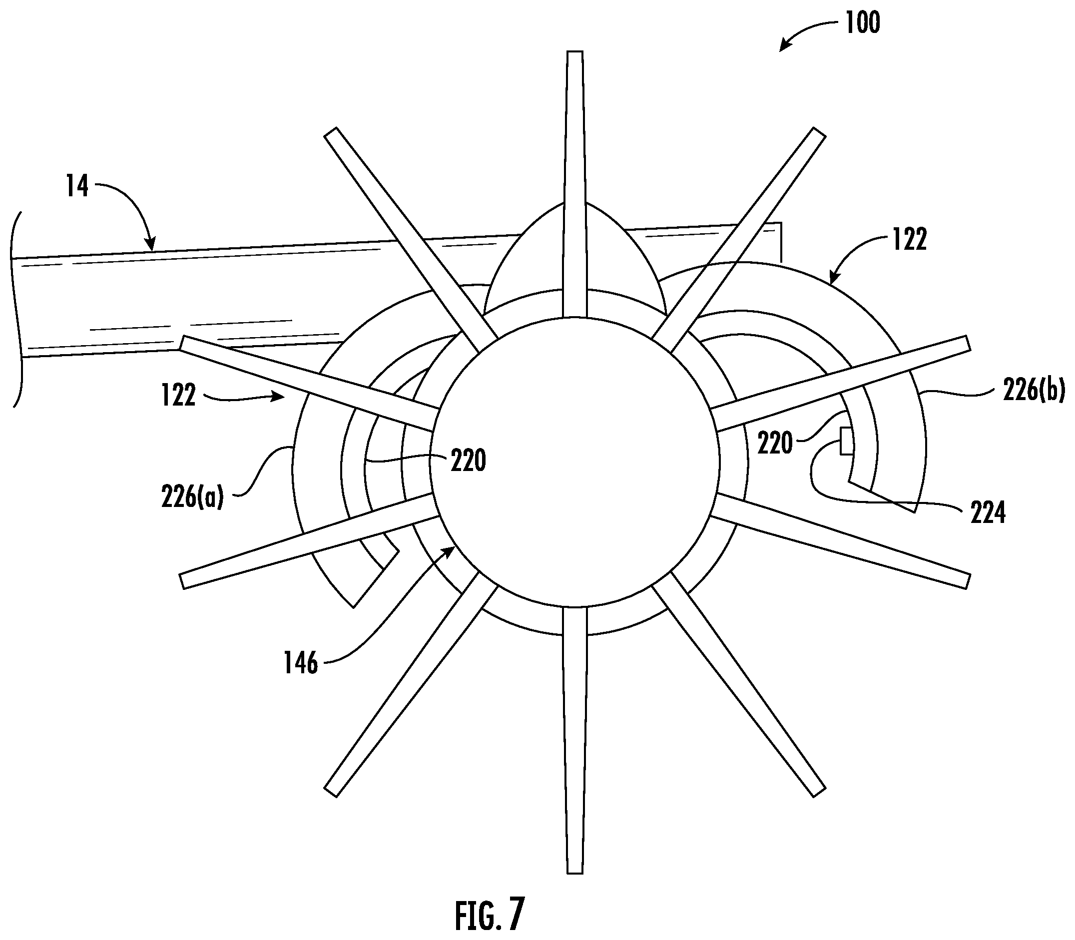 Patent US12098649 Figure 7 – Gas turbine engine accessory packaging