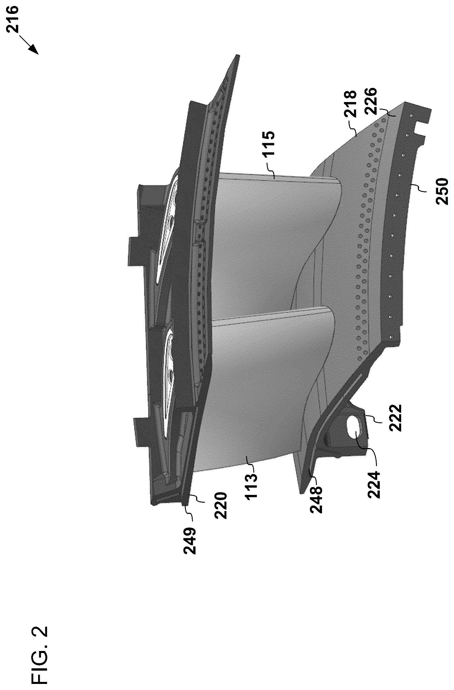 Patent US12098654 Figure 2 – Bi-cast trailing edge feed and purge hole cooling scheme