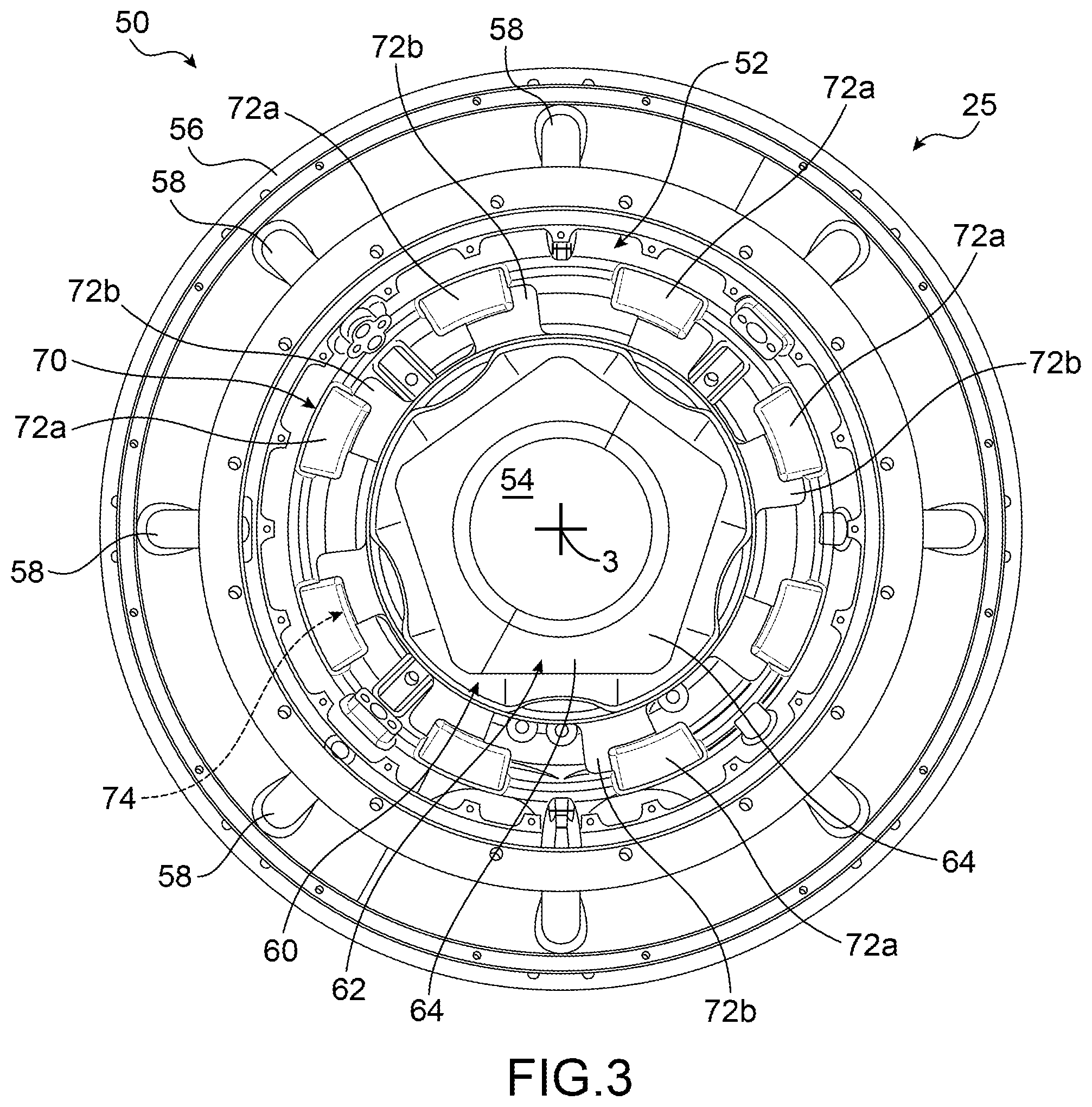 Patent US12098690 Figure 2 – Assembly for an aircraft turbine engine, comprising means for the axial and radial retention of a fan