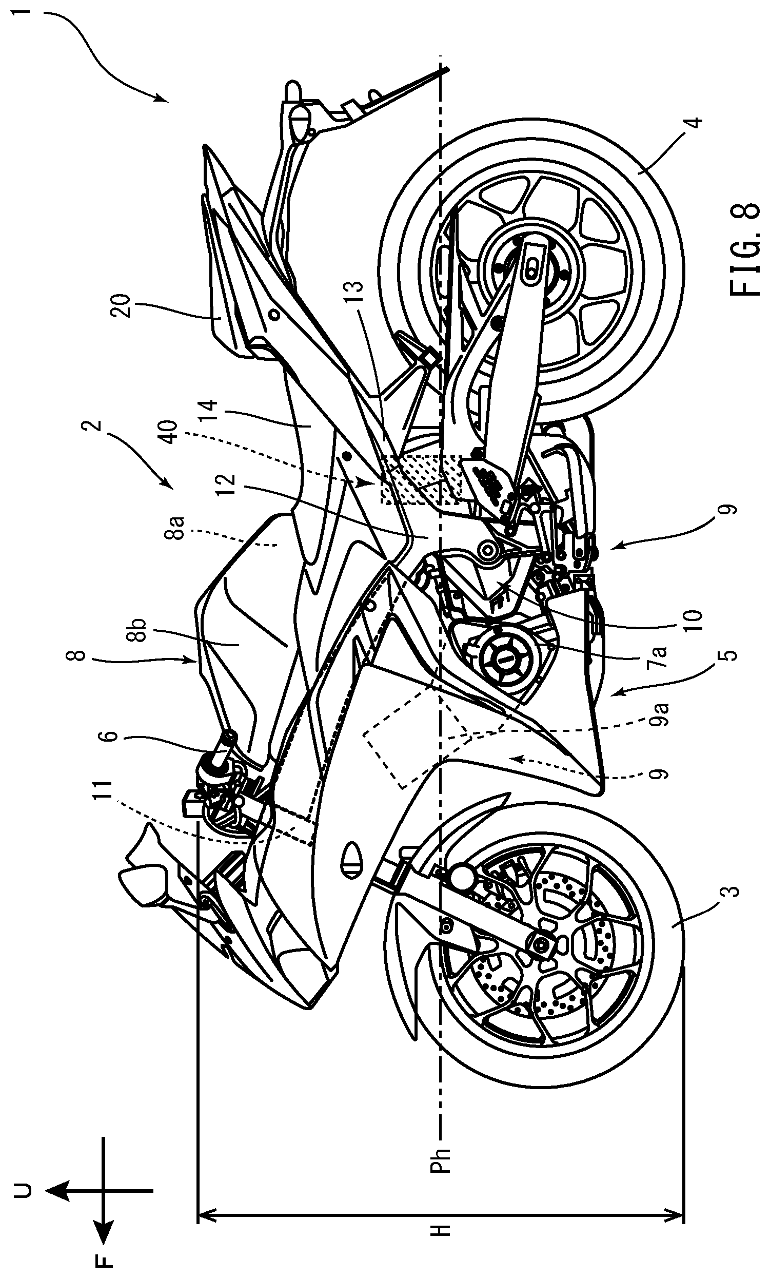 Patent US12098692 Figure 8 – Straddled vehicle