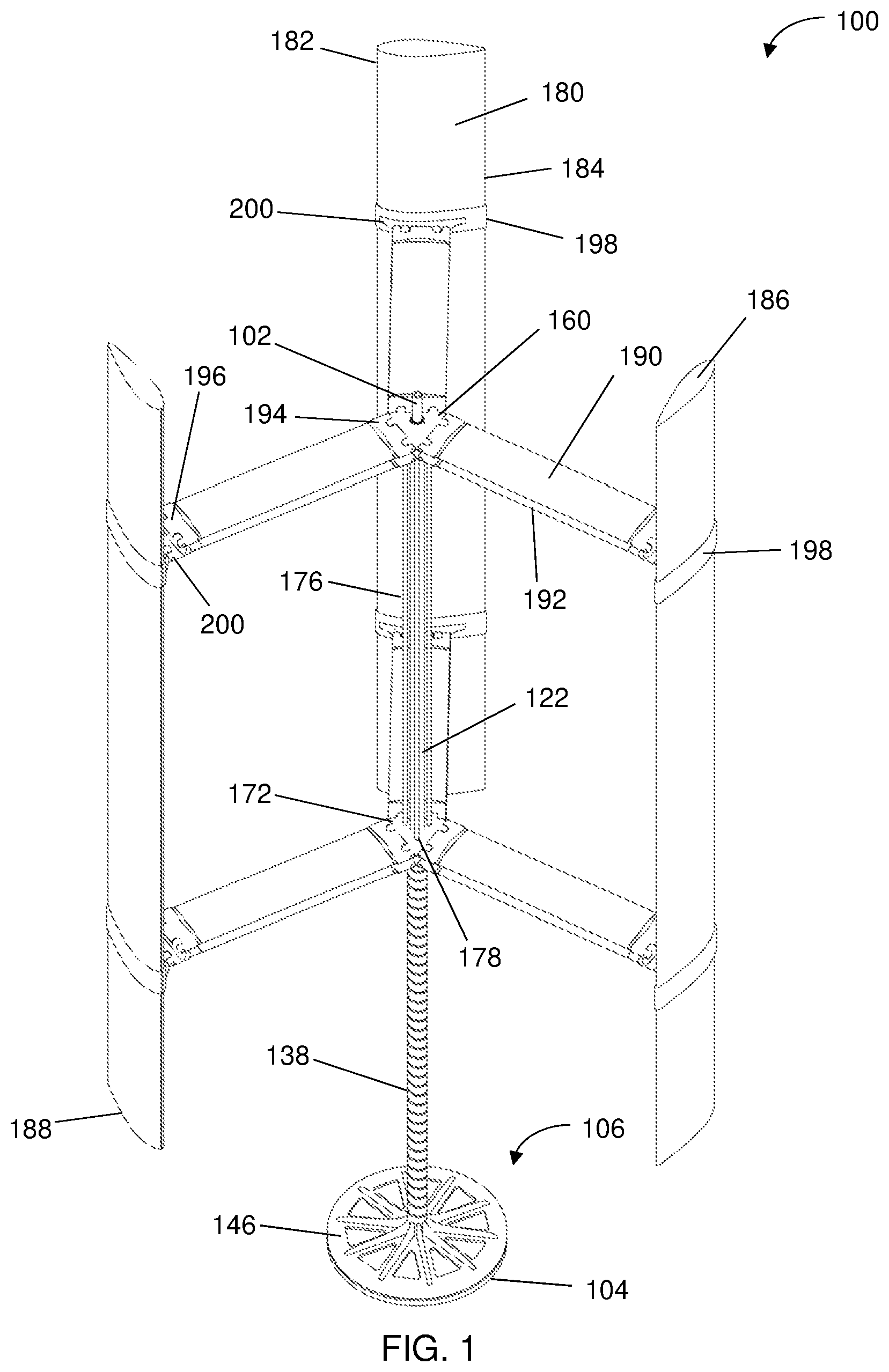 Patent US12098701 Figure 1 – Wind turbine with extendable and retractable airfoils