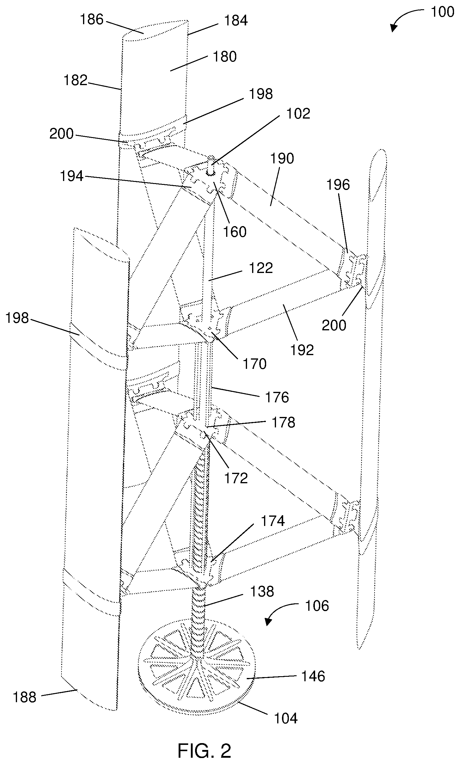 Patent US12098701 Figure 2 – Wind turbine with extendable and retractable airfoils