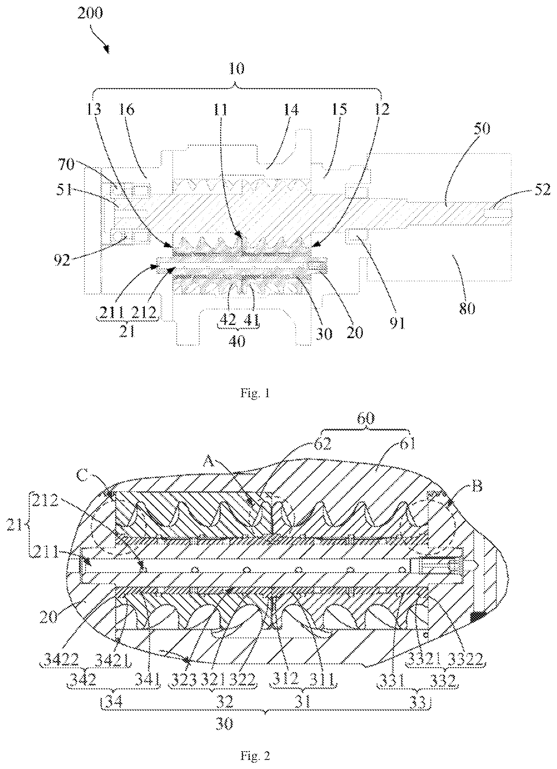 Patent US12098720 Figure 1 – Compressor with two rotors coaxially disposed on a connecting assembly sleeved on the shaft that limits relative movement between them