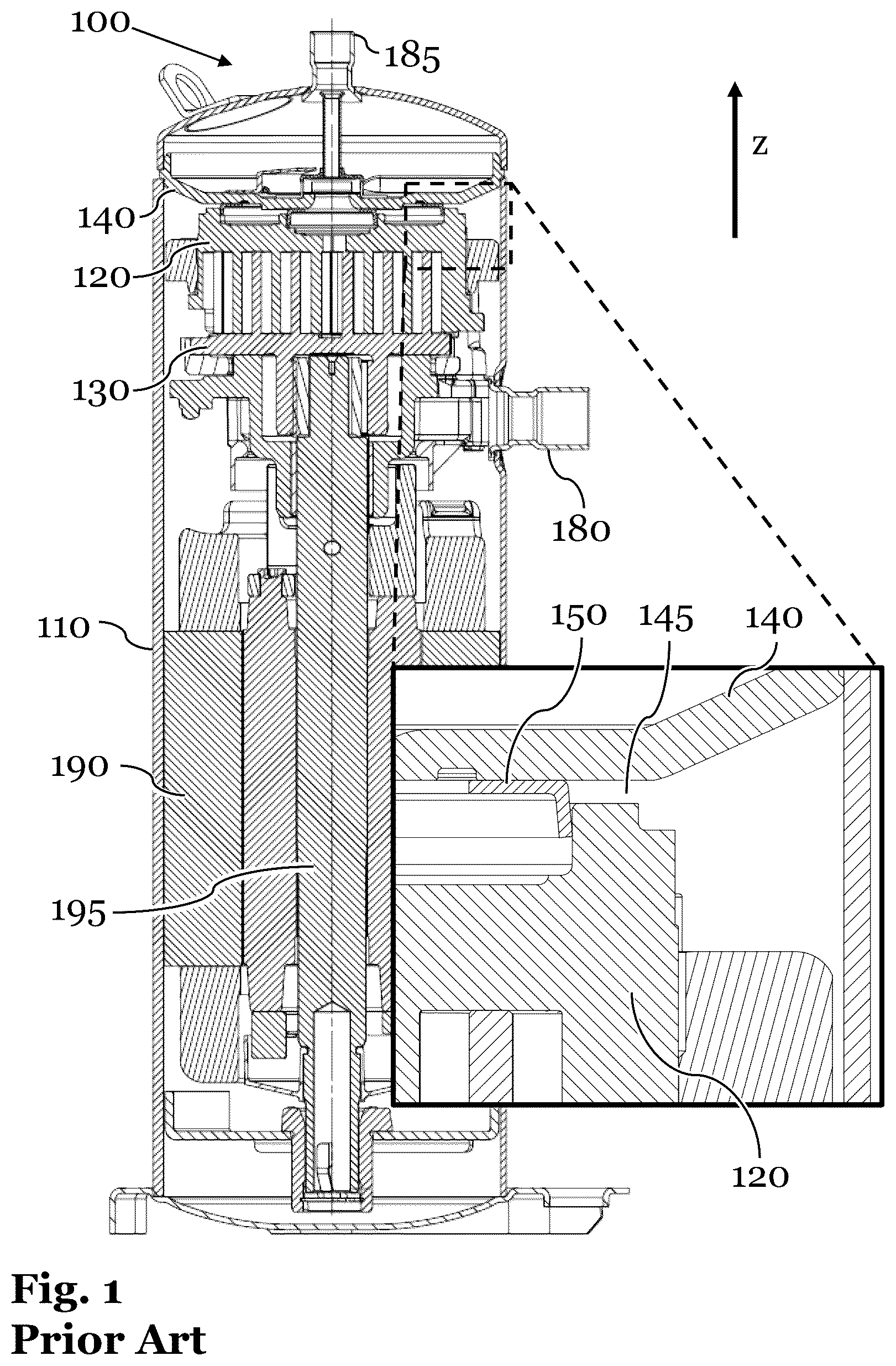 Patent US12098721 Figure 1 – Sealing and compliance in a scroll compressor