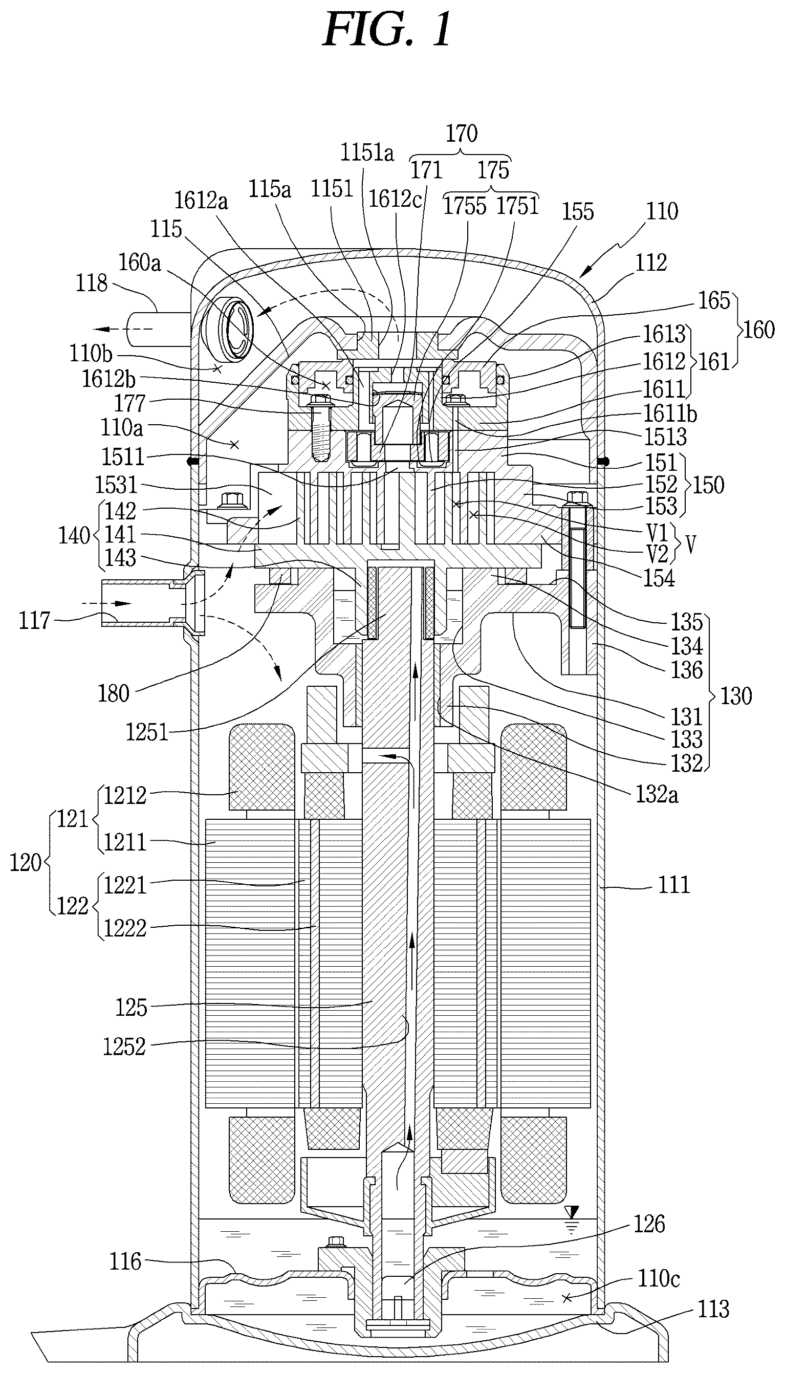 Patent US12098723 Figure 1 – Retainer block bypass hole valve assembly arranged in non-orbiting scroll of a compressor