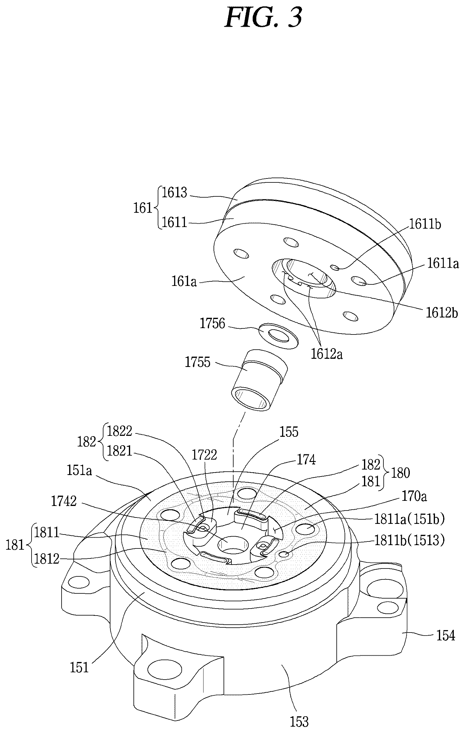 Patent US12098723 Figure 3 – Retainer block bypass hole valve assembly arranged in non-orbiting scroll of a compressor