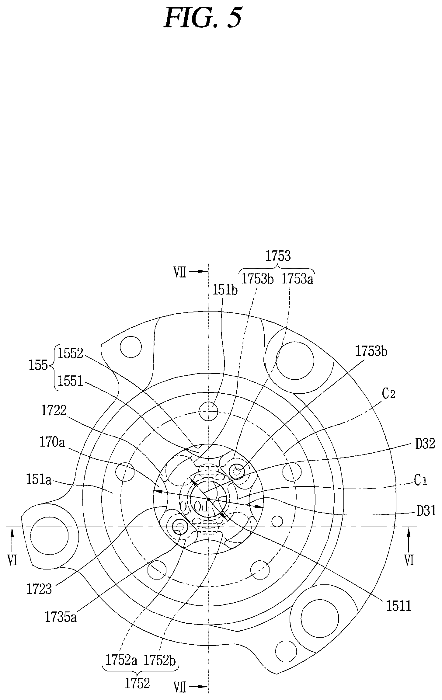 Patent US12098723 Figure 5 – Retainer block bypass hole valve assembly arranged in non-orbiting scroll of a compressor