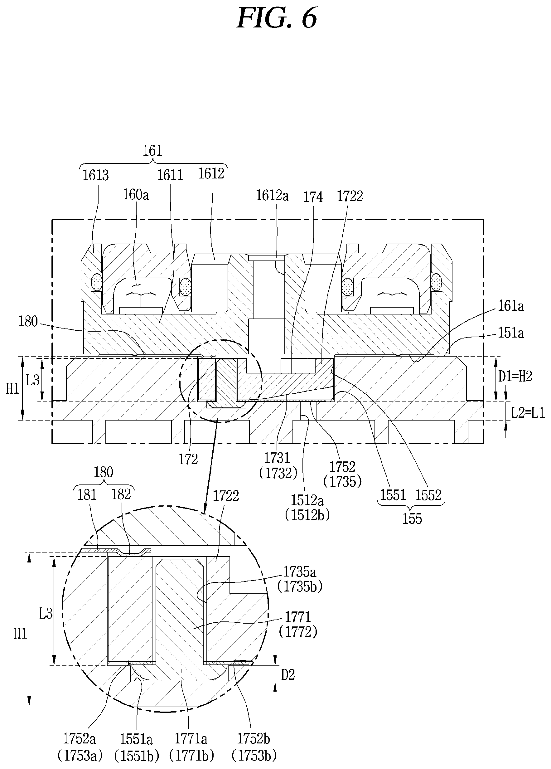 Patent US12098723 Figure 6 – Retainer block bypass hole valve assembly arranged in non-orbiting scroll of a compressor