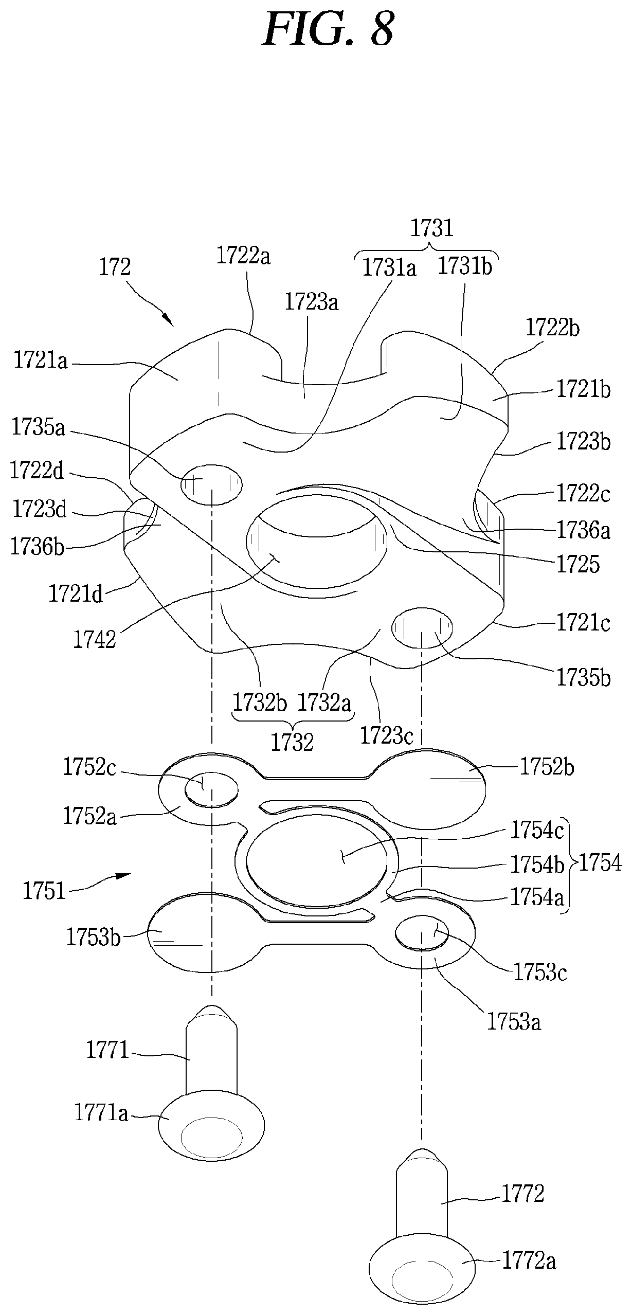 Patent US12098723 Figure 8 – Retainer block bypass hole valve assembly arranged in non-orbiting scroll of a compressor