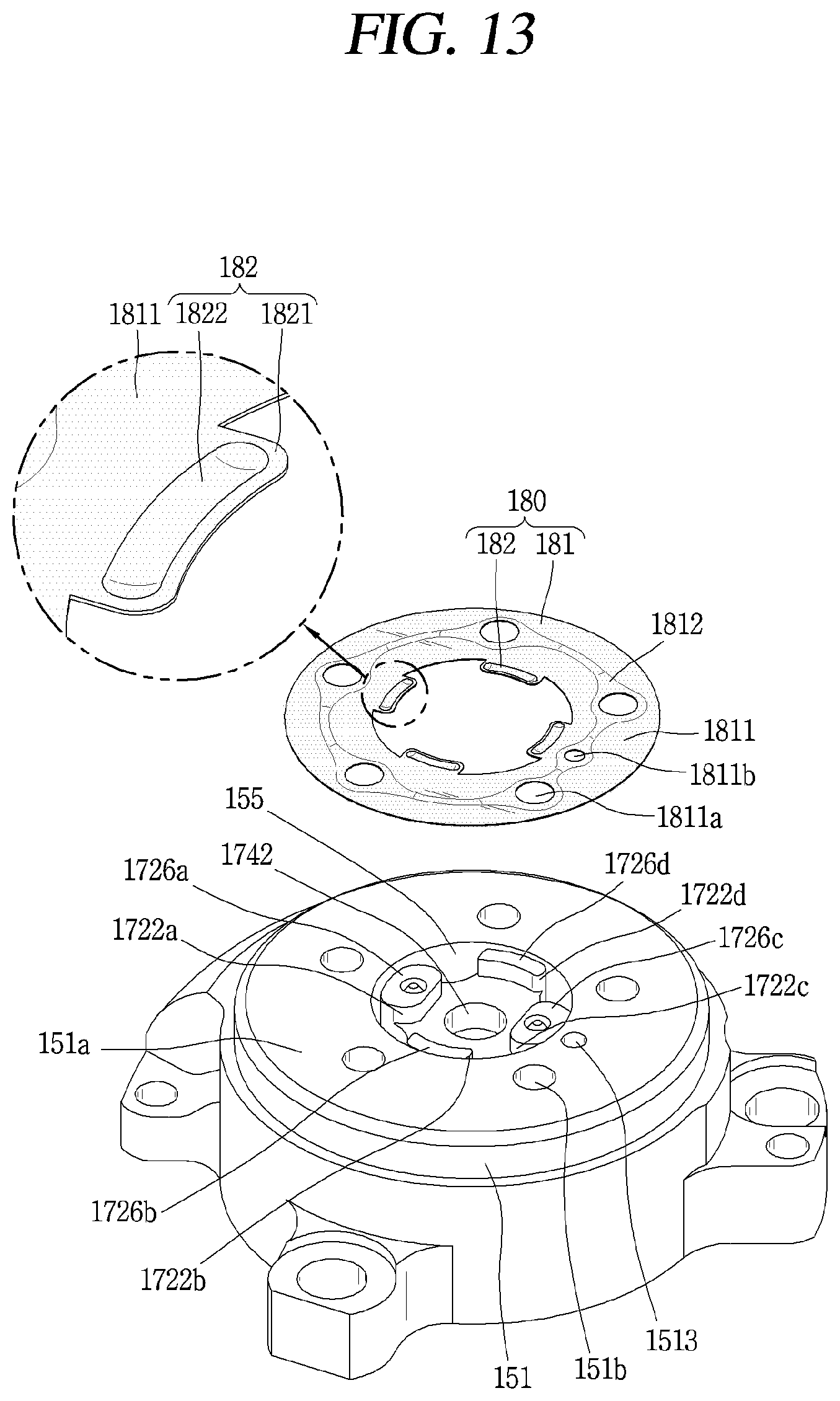 Patent US12098723 Figure 14 – Retainer block bypass hole valve assembly arranged in non-orbiting scroll of a compressor