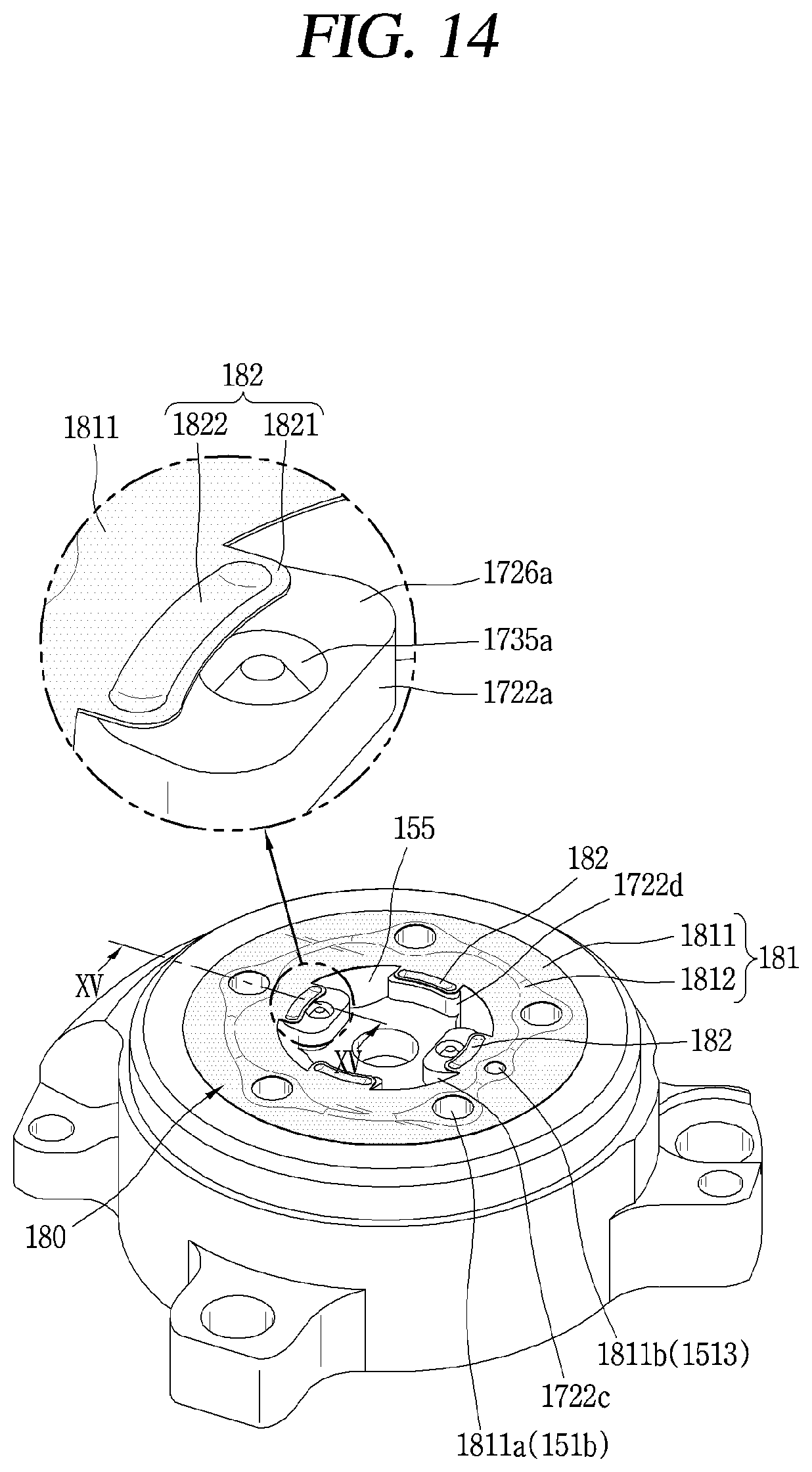 Patent US12098723 Figure 15 – Retainer block bypass hole valve assembly arranged in non-orbiting scroll of a compressor
