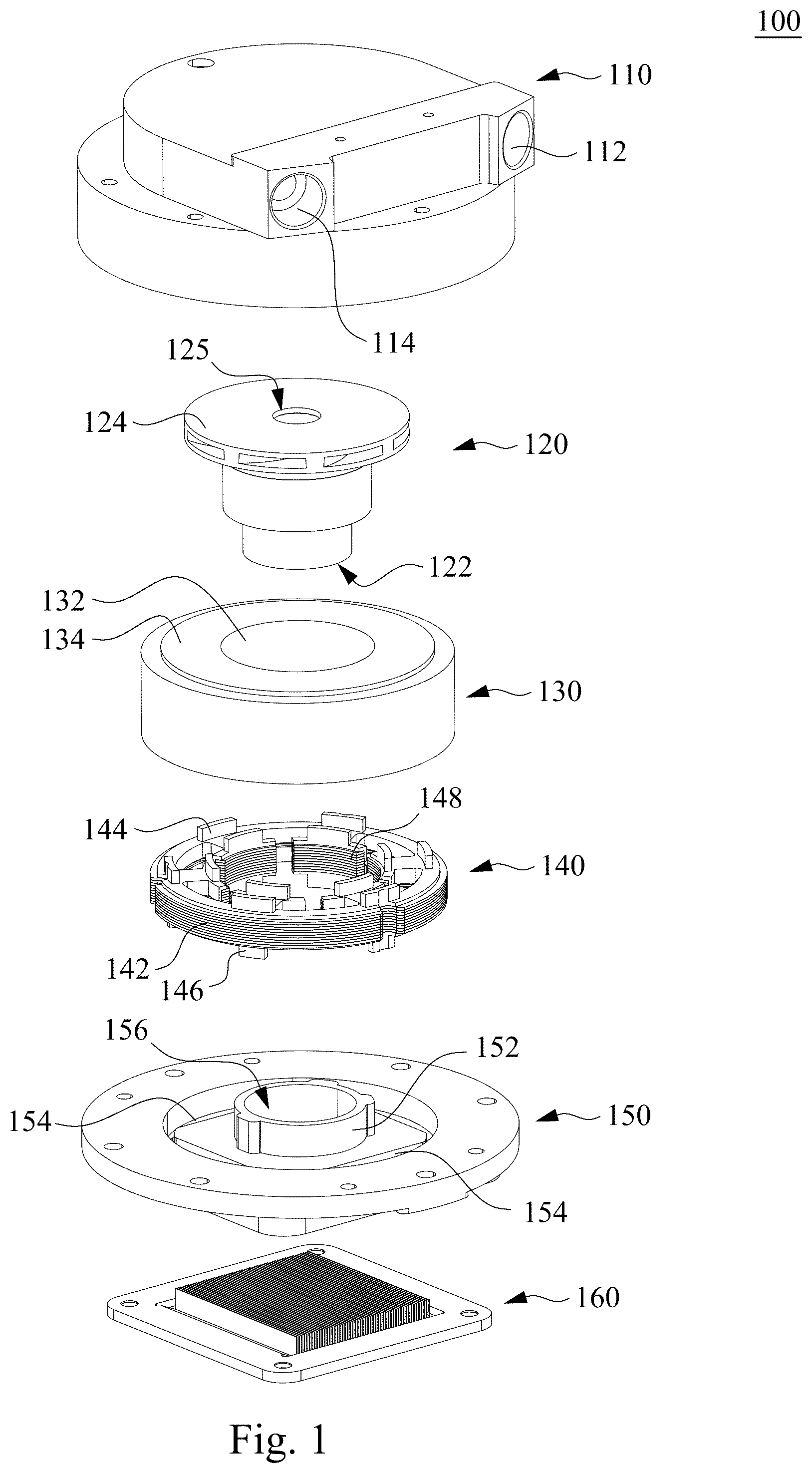 Patent US12098732 Figure 1 – Liquid cooling head with a heat dissipating liquid flowing from a cooling plate to an impeller