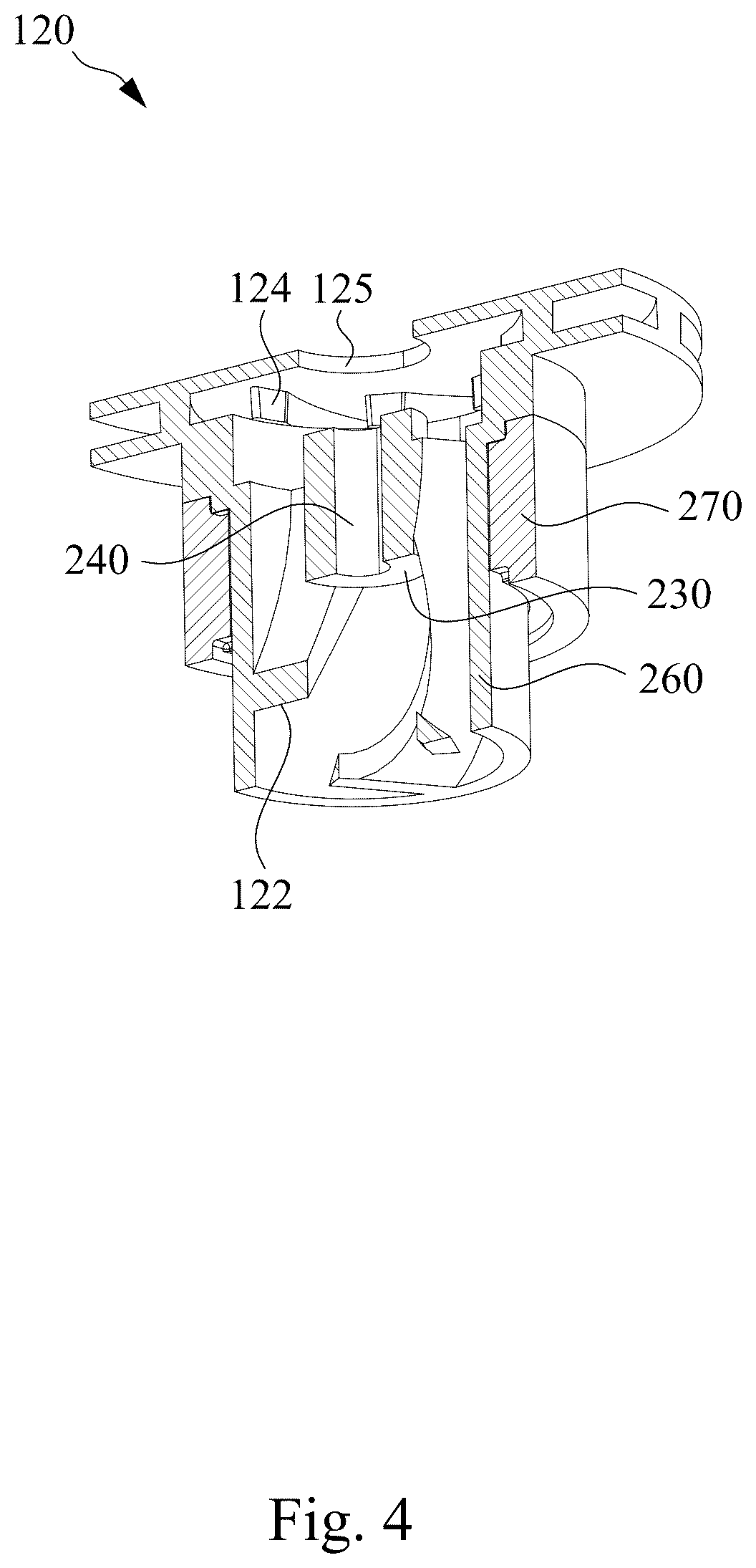 Patent US12098732 Figure 4 – Liquid cooling head with a heat dissipating liquid flowing from a cooling plate to an impeller
