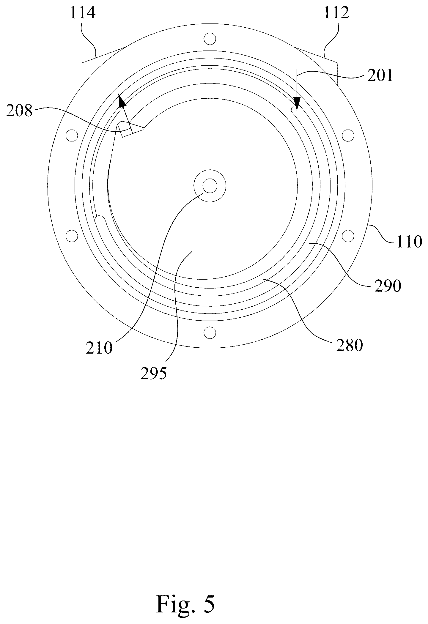 Patent US12098732 Figure 5 – Liquid cooling head with a heat dissipating liquid flowing from a cooling plate to an impeller
