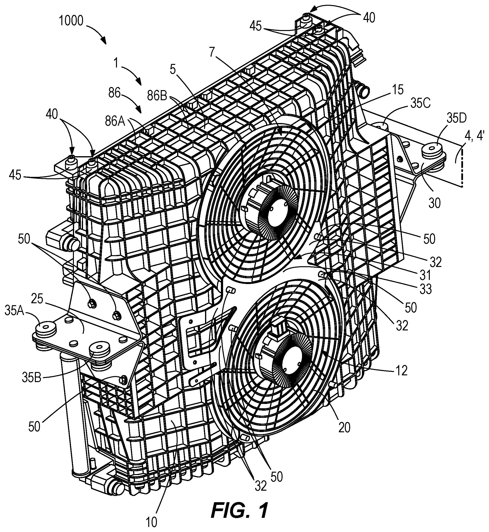 Patent US12098733 Figure 1 – Fan shroud, mounting bracket, and pin mount