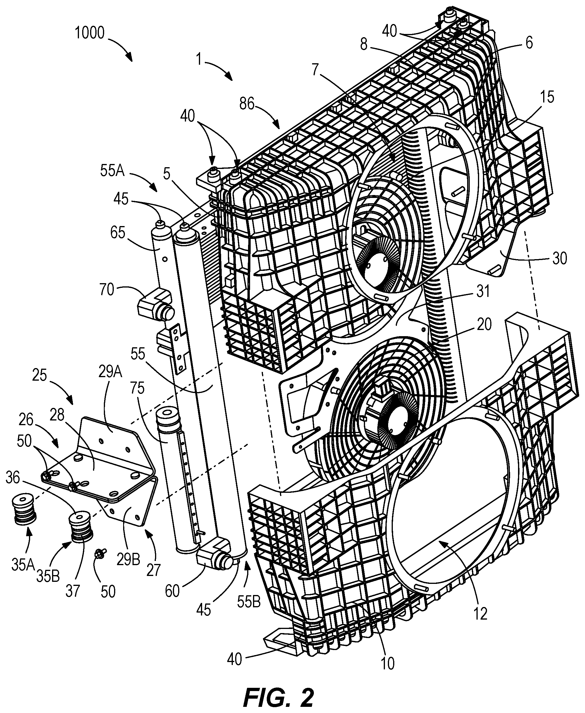 Patent US12098733 Figure 2 – Fan shroud, mounting bracket, and pin mount
