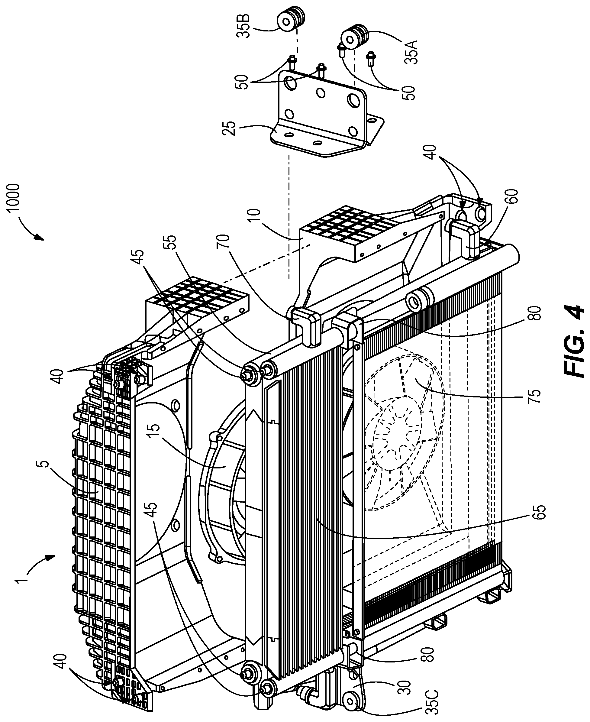 Patent US12098733 Figure 4 – Fan shroud, mounting bracket, and pin mount