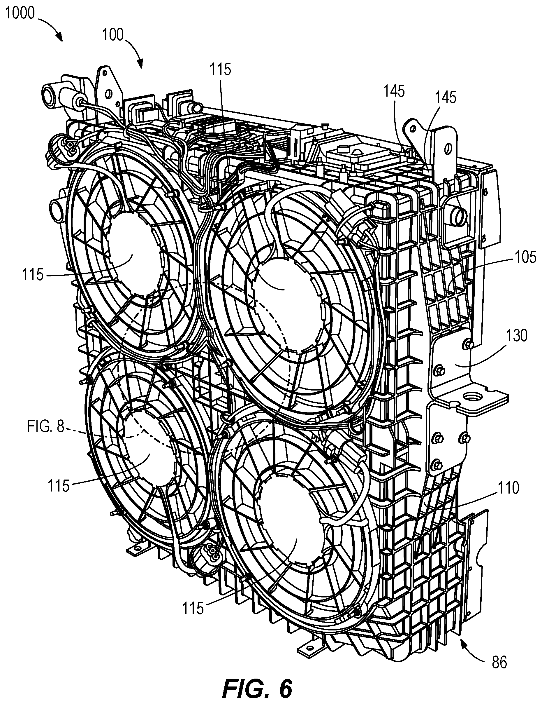 Patent US12098733 Figure 6 – Fan shroud, mounting bracket, and pin mount