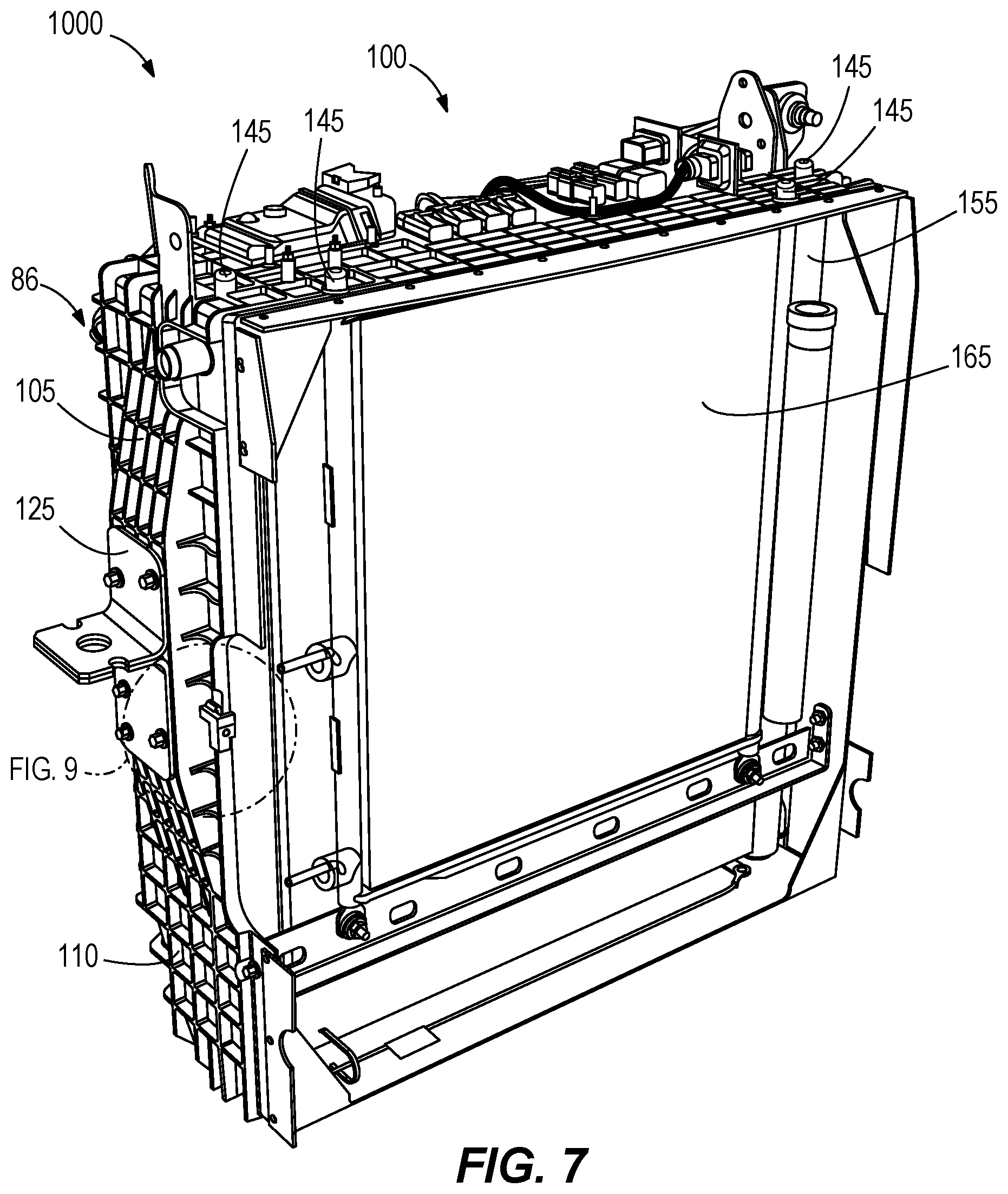 Patent US12098733 Figure 7 – Fan shroud, mounting bracket, and pin mount