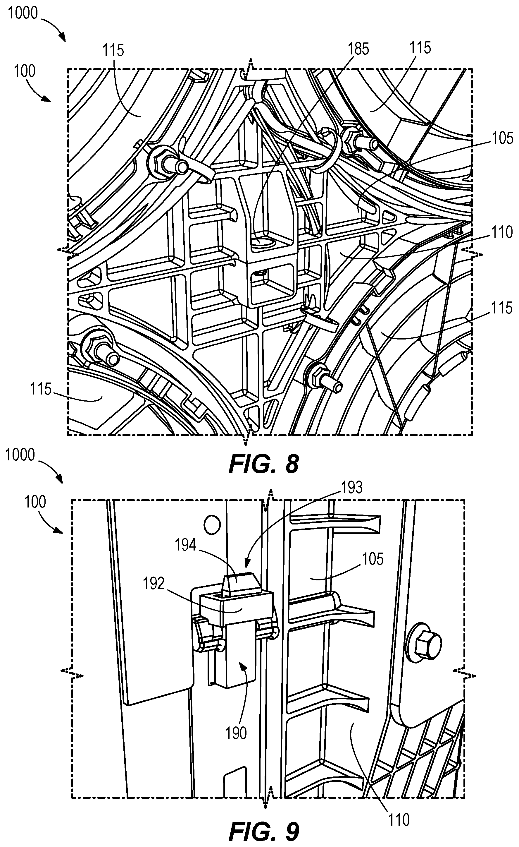Patent US12098733 Figure 8 – Fan shroud, mounting bracket, and pin mount